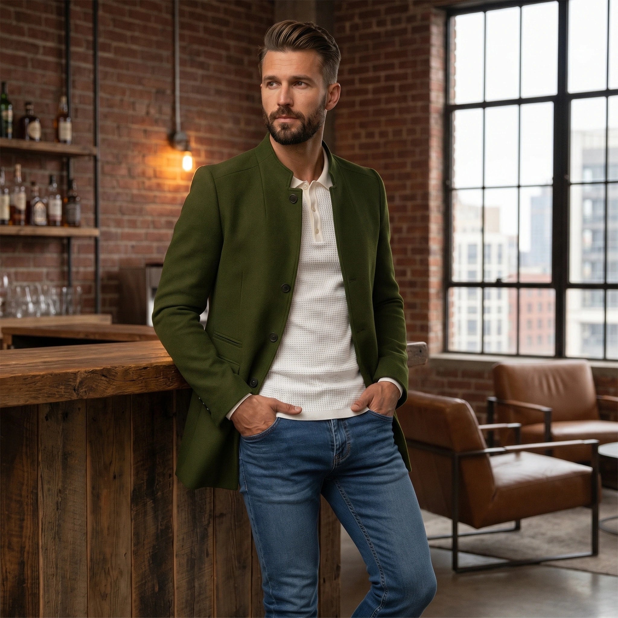 Close up of the Mens Sophisticated Slim Fit Jacket showing its refined fabric texture and precise stitching against a neutral background.