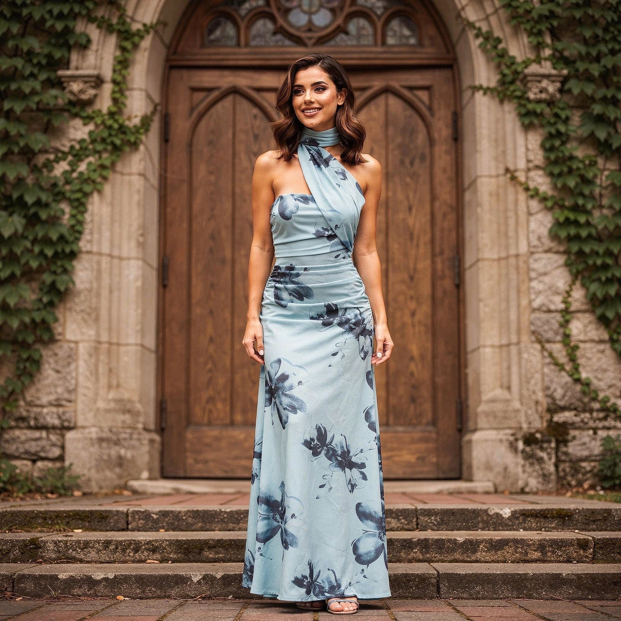 View of a flowy sleeveless maxi dress in soft lavender, featuring delicate floral patterns and a lightweight fabric