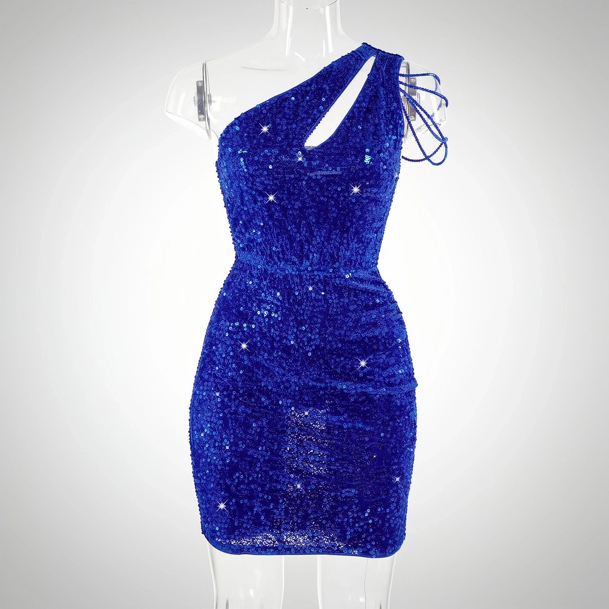 View of an elegant mini dress featuring shimmering silver sequins, a flattering silhouette, and a sleeveless design