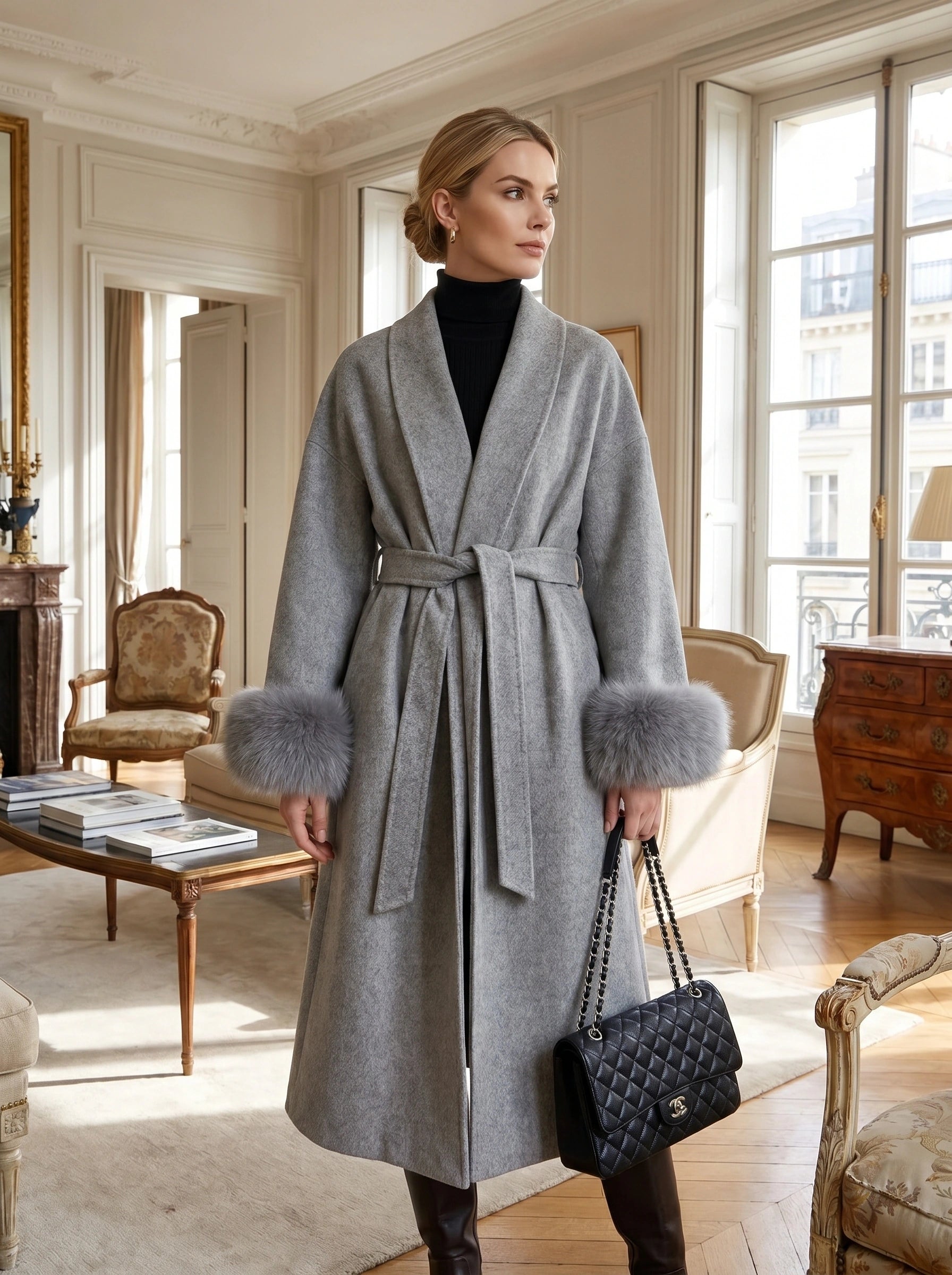 Close up view of the luxurious fabric and intricate stitching of the Womens Luxurious Winter Coat, showing its sophisticated design and high quality craftsmanship.