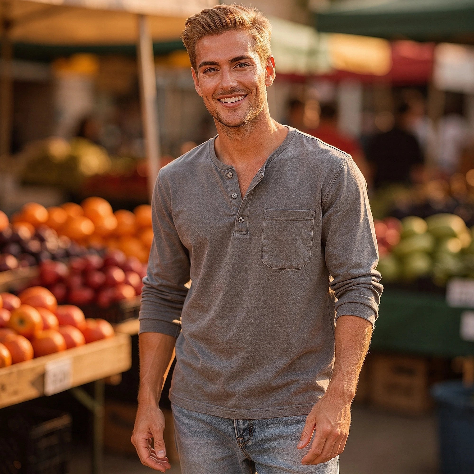 View of a light gray long sleeve henley shirt made from soft cotton, featuring a three button placket and relaxed fit