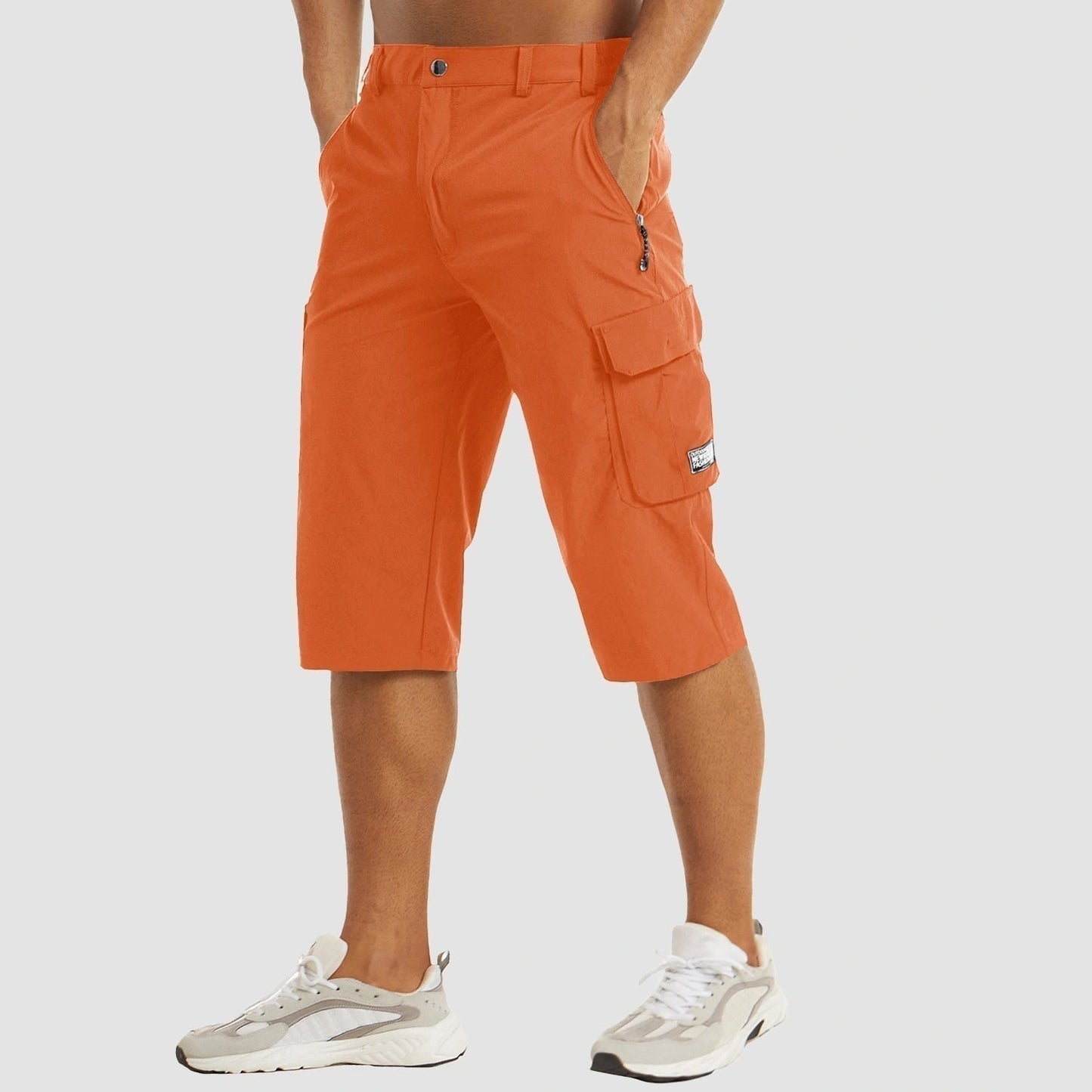 View of olive green cargo shorts featuring multiple pockets, structured fit, and lightweight fabric for summer wear
