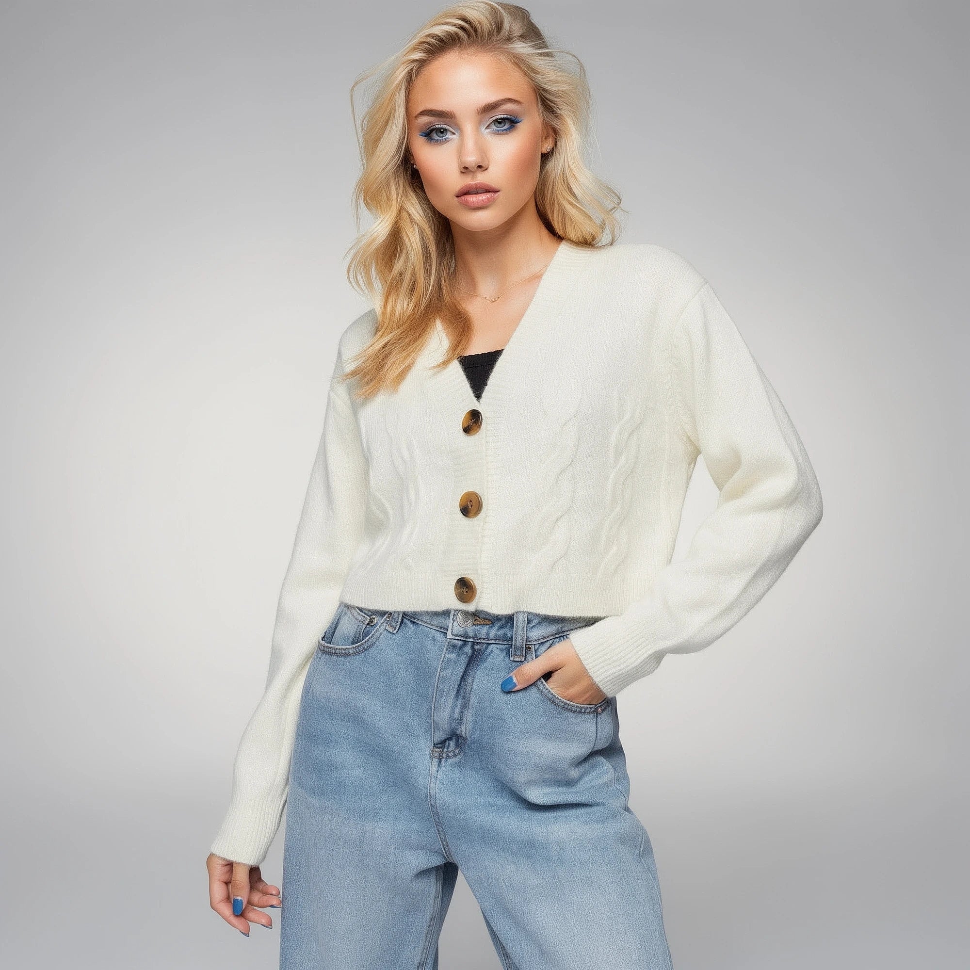 Warm cropped sweater in soft beige knit, featuring a twisted design and long sleeves, view