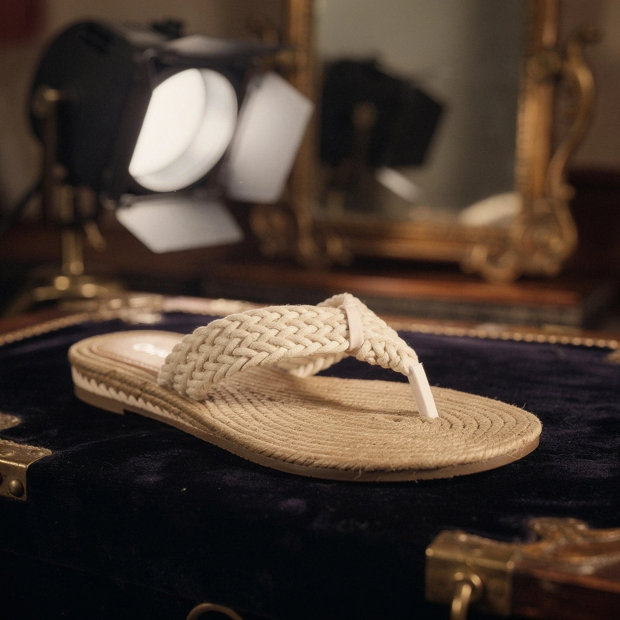 View of relaxed textured imitation hemp flip flops in light beige, showcasing the soft material and comfortable design