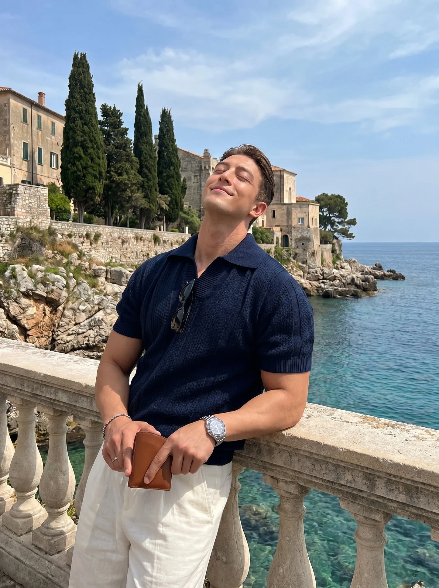 Close up view of the Mens Refined Relaxed Spring Polo Shirt showing the soft fabric texture, precise stitching, and collar against a neutral background.