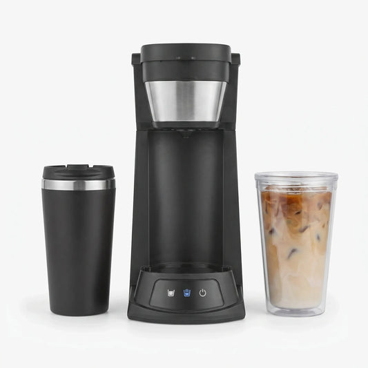 The of a compact coffee maker showcasing its sleek design, water reservoir, and power cord connection