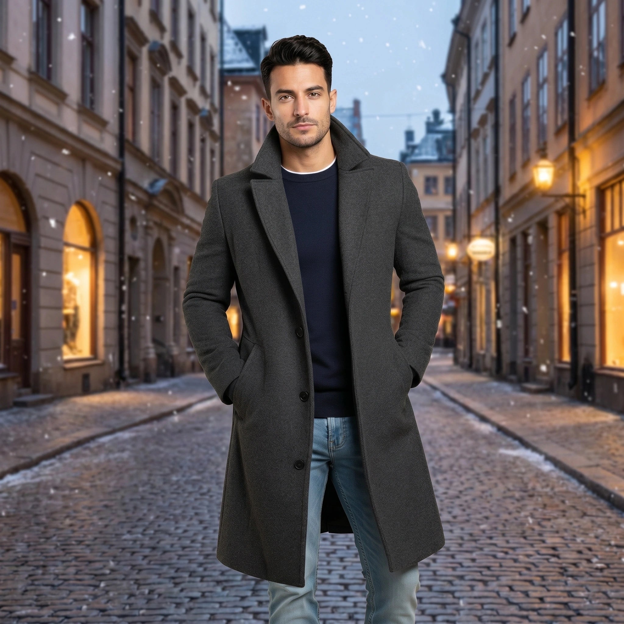 Close up view of the Mens Sophisticated Classic Winter Overcoat showing the rich fabric texture and precise stitching details against a neutral background.