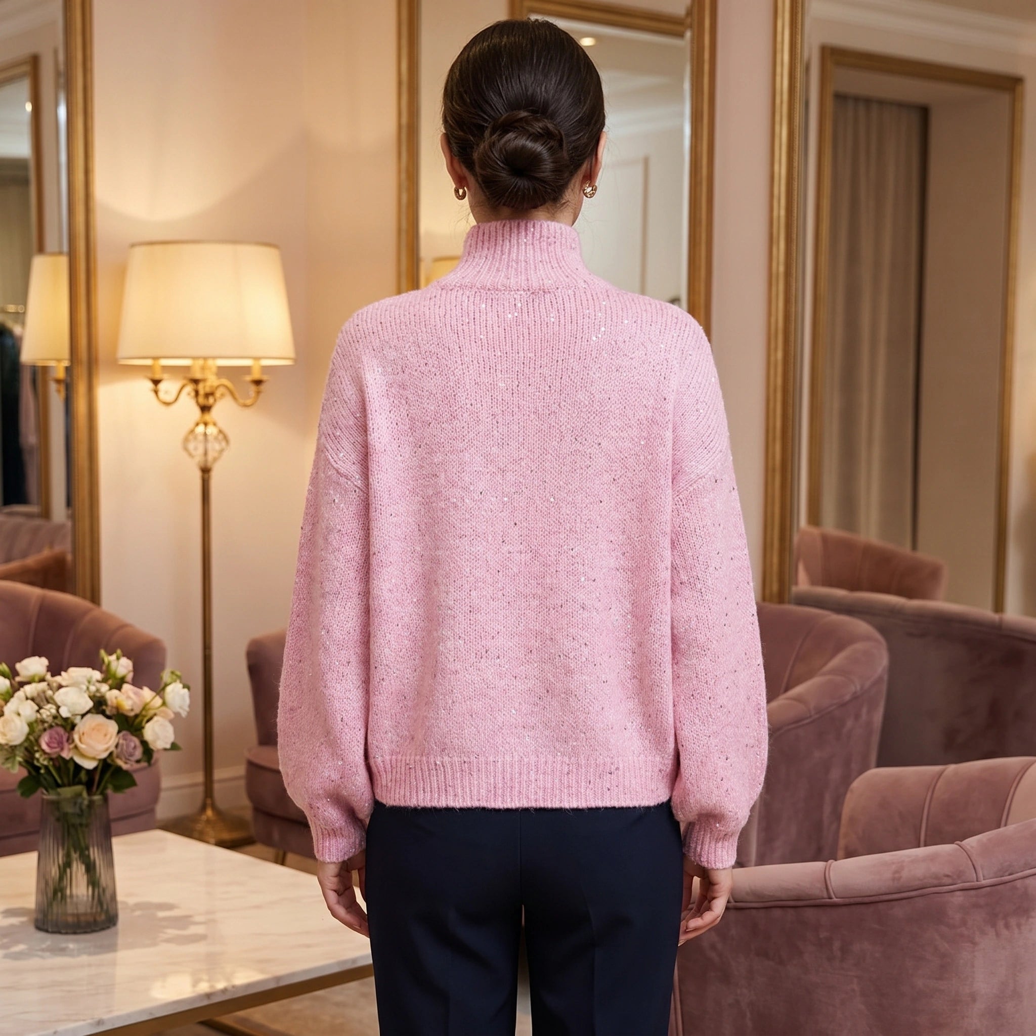 Close up of the Women's Shiny Sweater showing the luxurious fabric and intricate stitching, showing its sophisticated design and shimmering finish.