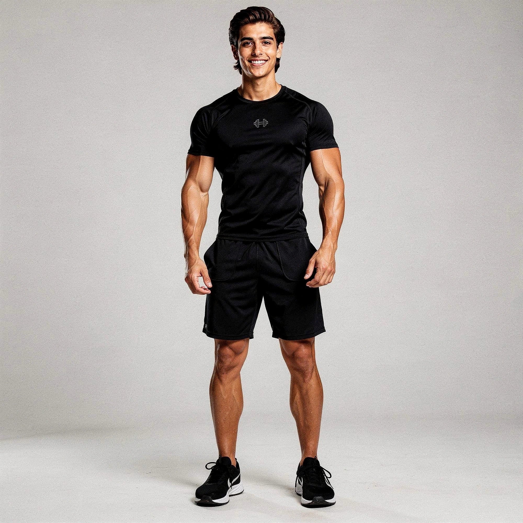 View of a reflective elastic athletic gym tee in dark gray, featuring short sleeves and a comfortable fit