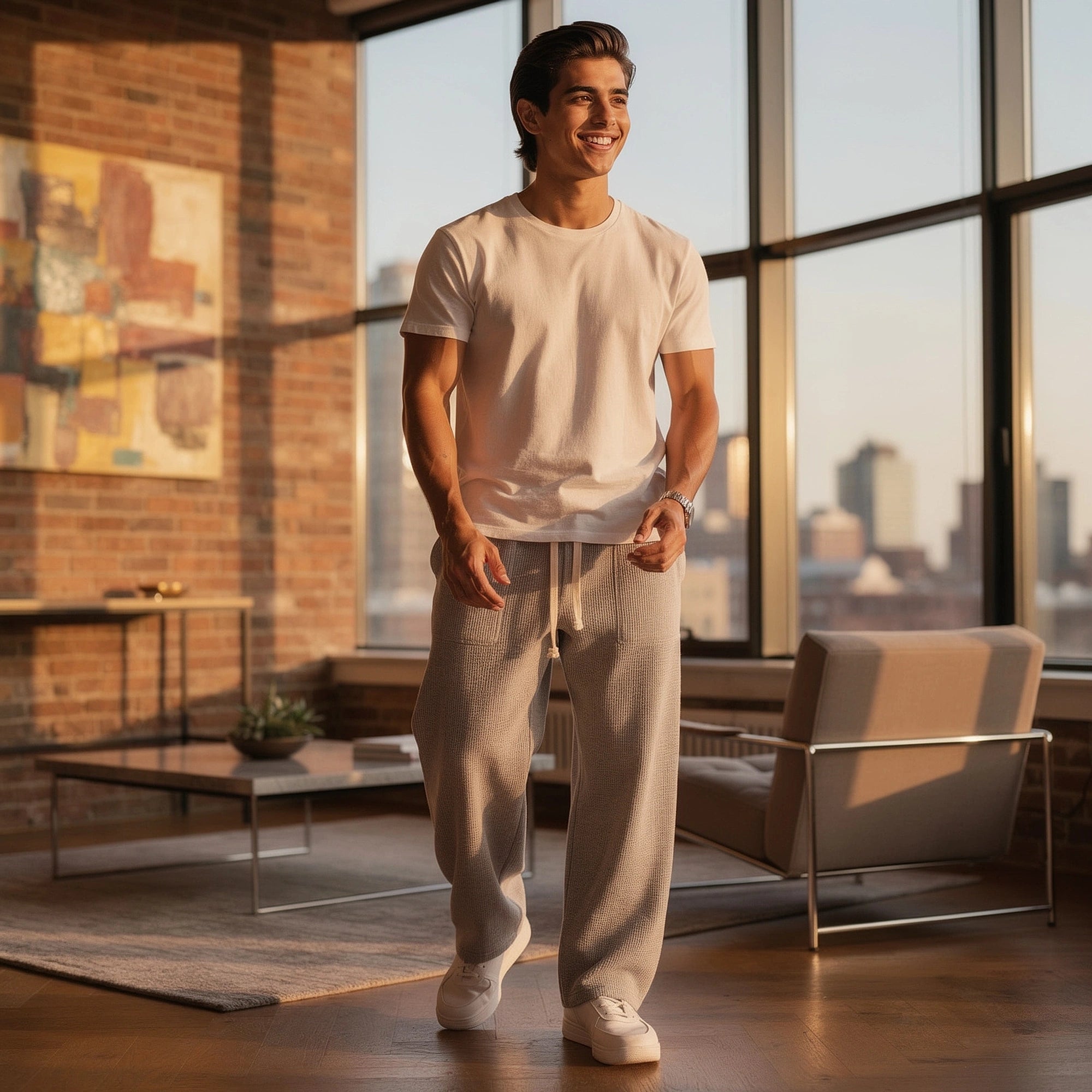View of relaxed fit drawstring pants in soft cotton, featuring a comfortable waistband and pockets