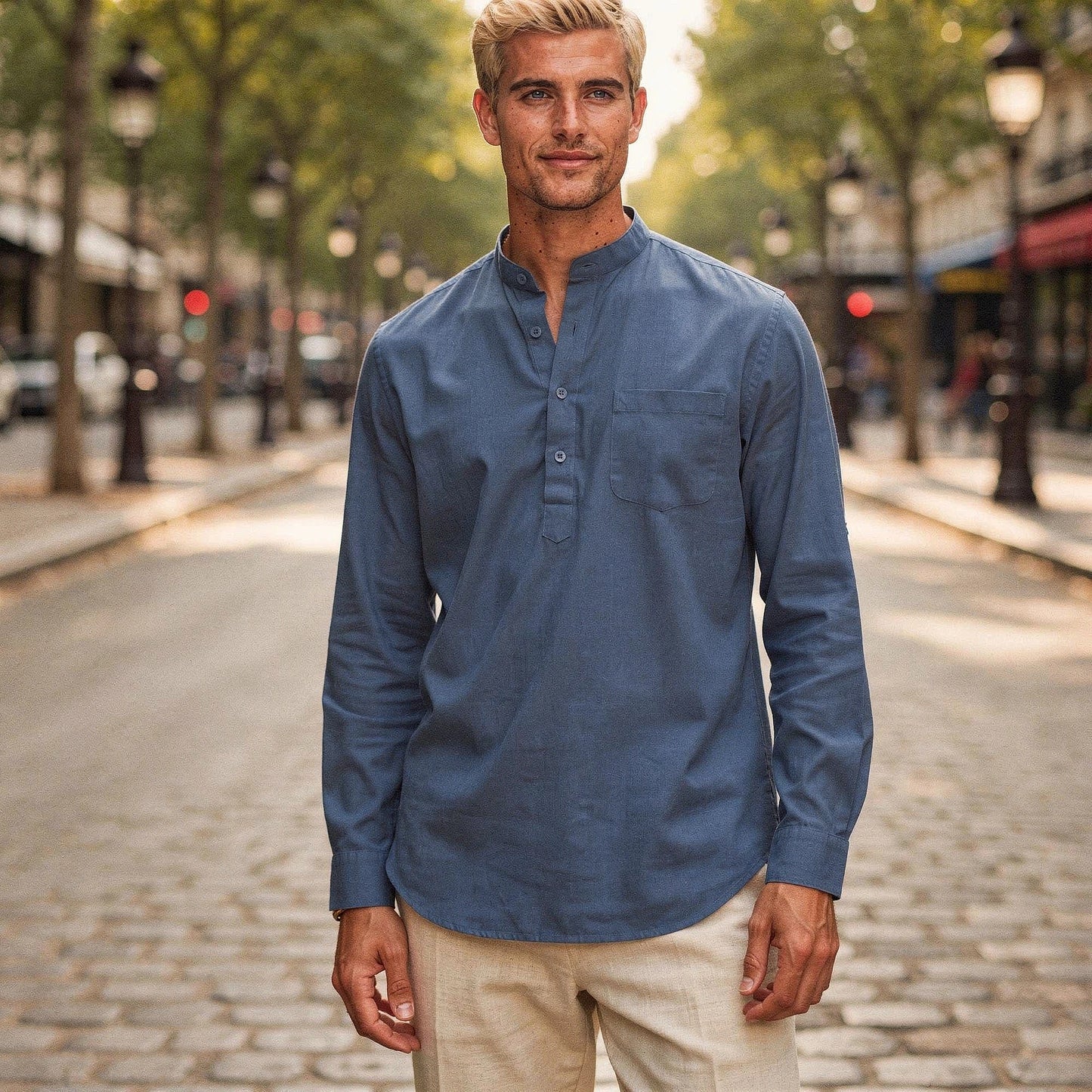 Lightweight casual henley shirt in soft cotton, featuring a button placket and long sleeves, view