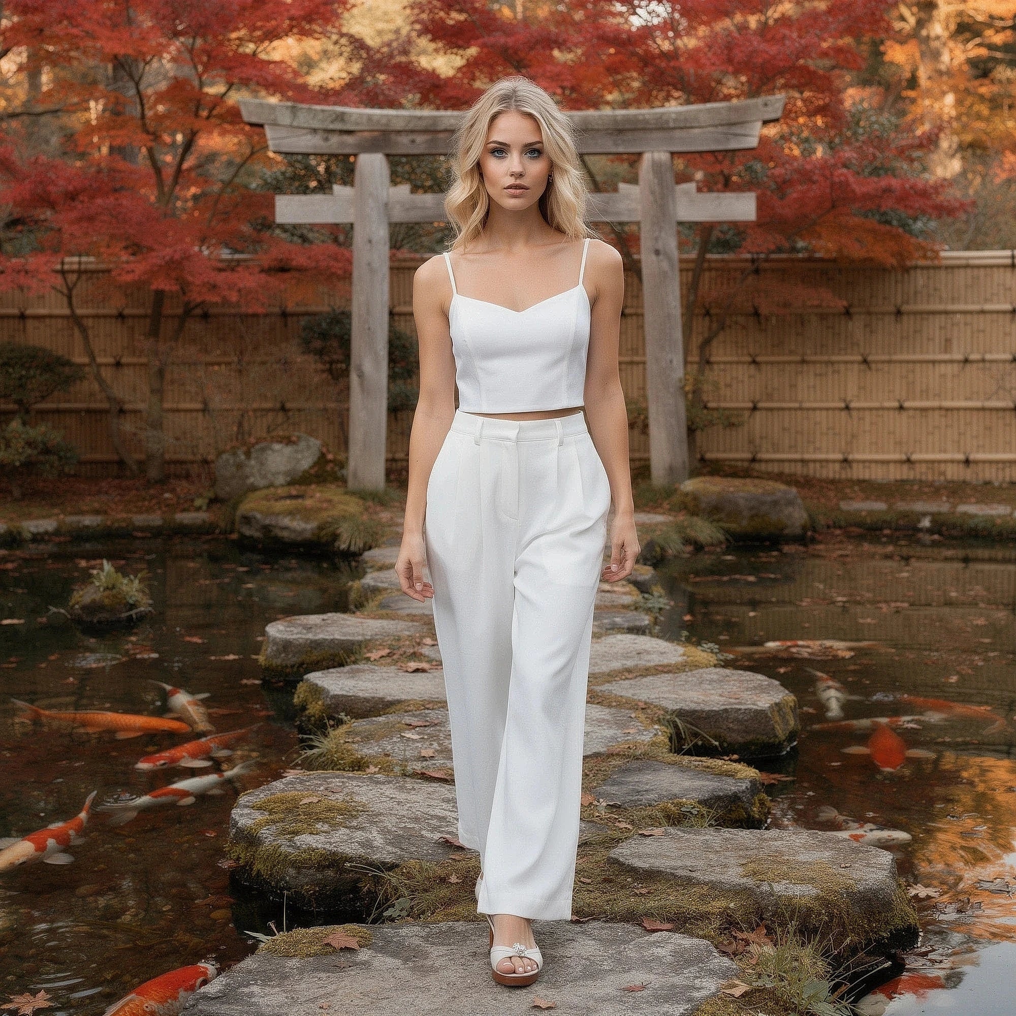 View of elegant high waisted wide leg pants in soft fabric, showcasing pleats and a smooth waistband in a neutral color