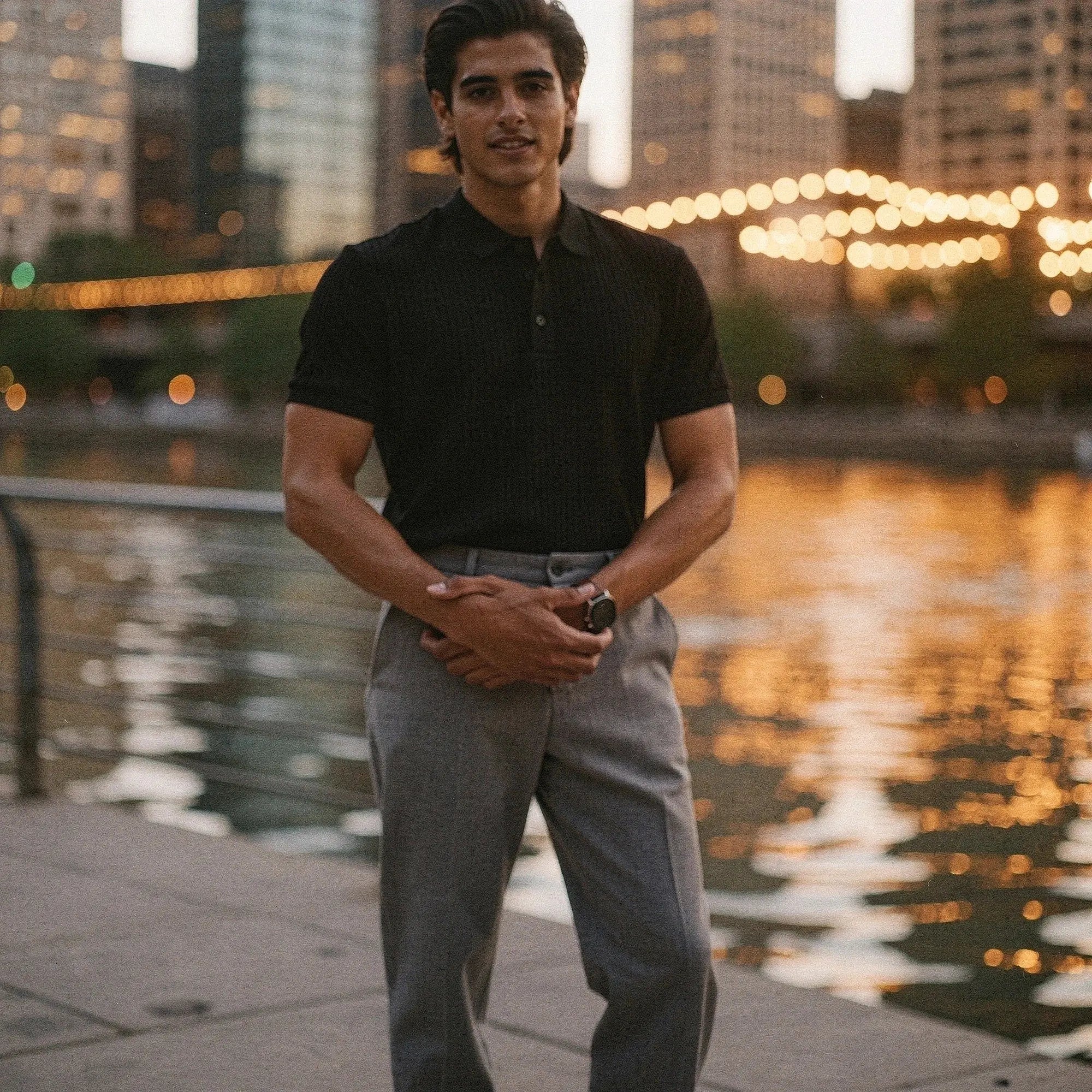 View of a slim fit short sleeve polo t shirt in light blue, made from breathable cotton fabric, showcasing a classic collar and subtle stitching