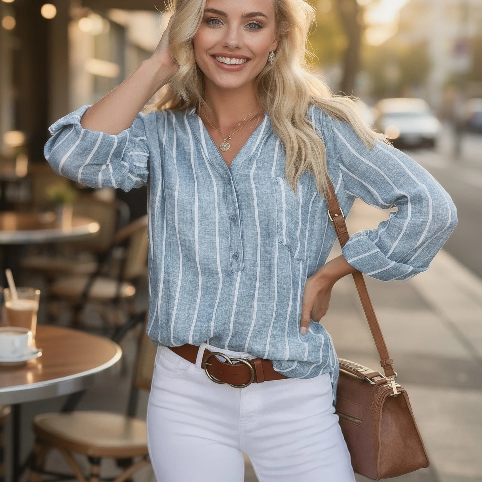 View of a relaxed striped blouse featuring soft cotton fabric, short sleeves, and a casual neckline in light blue and white stripes