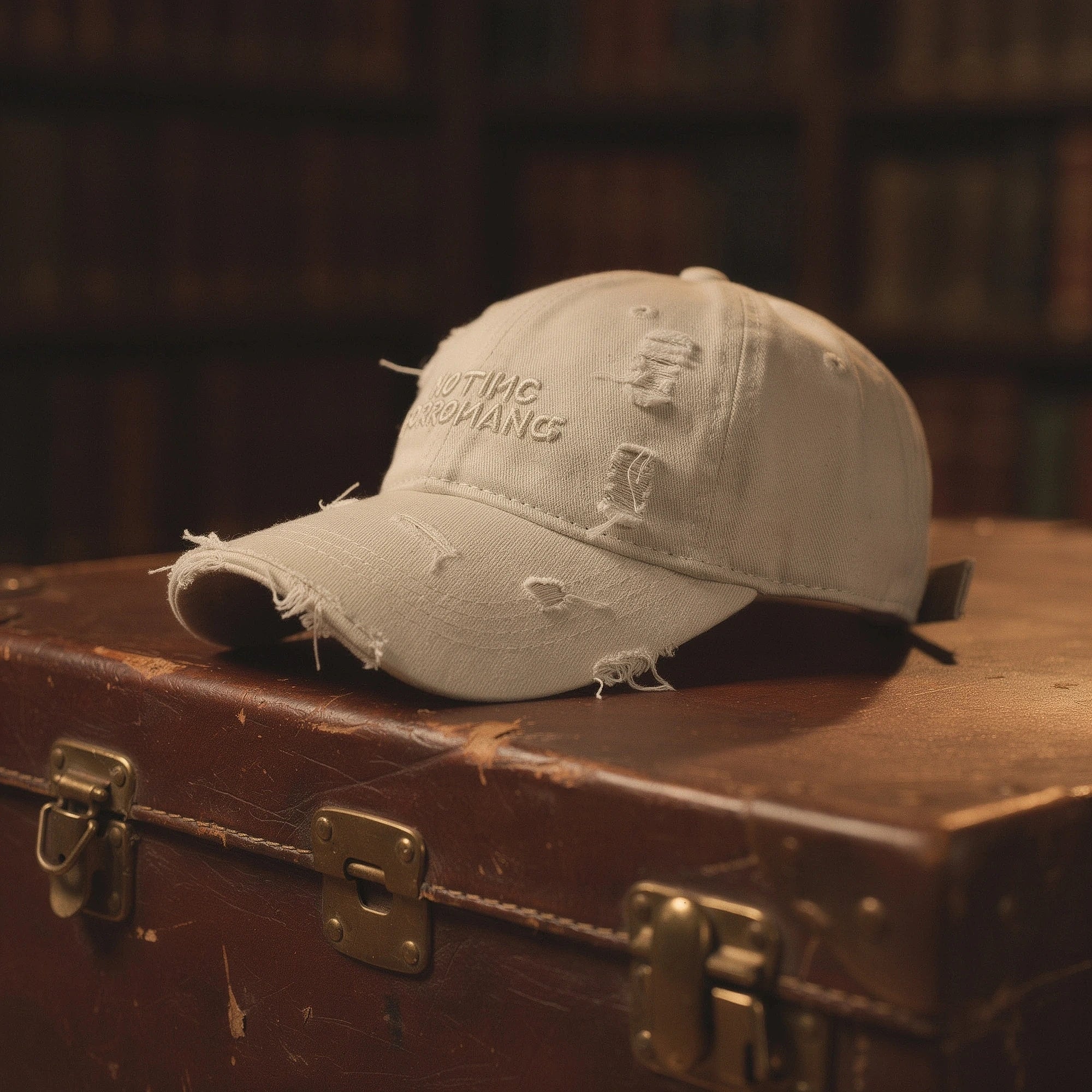 Light blue distressed baseball cap made of cotton, featuring a curved brim and adjustable strap, detailed view