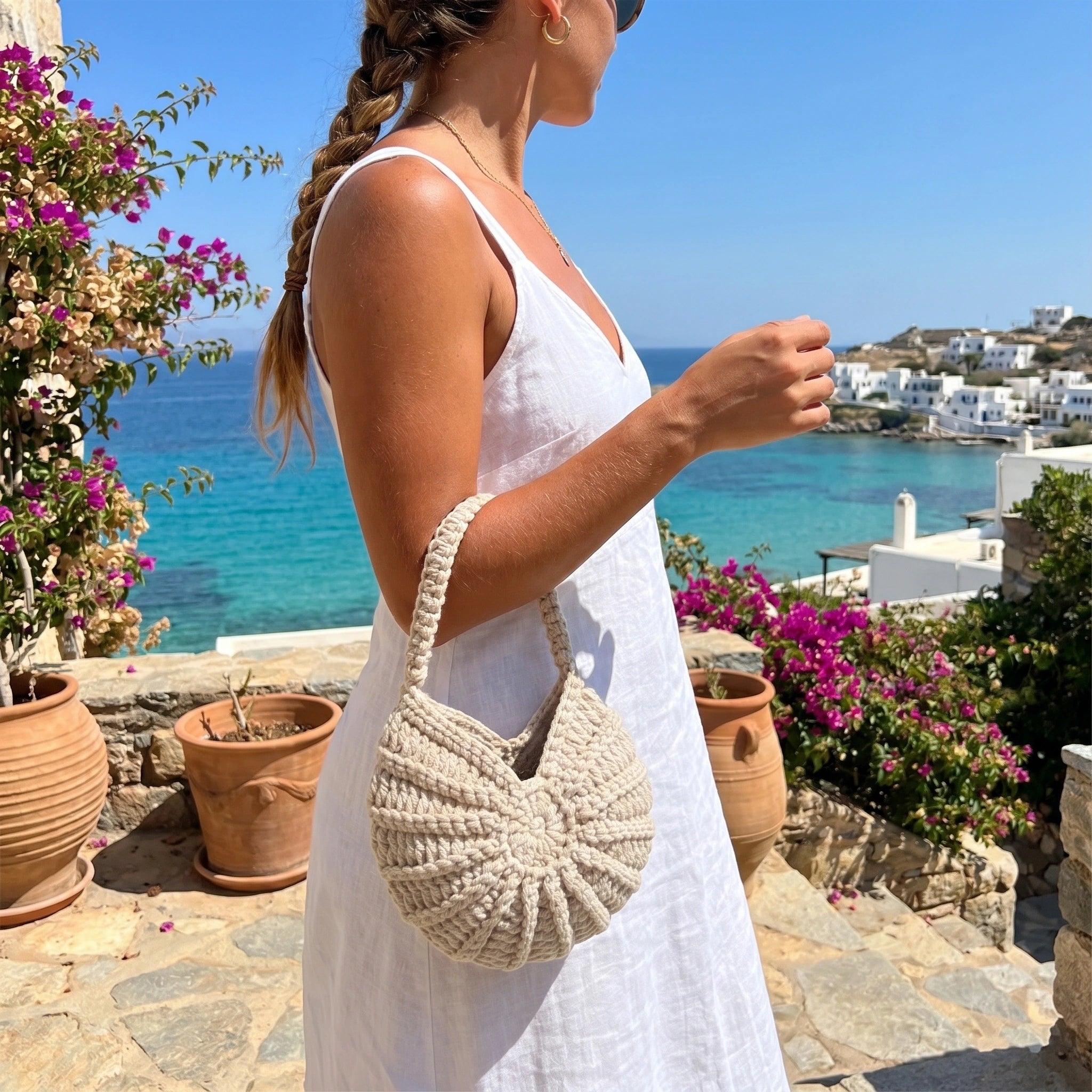 Close up view of the textured fabric and intricate stitching of the Womens Charming Textured Summer Bag, showing its design and quality craftsmanship.