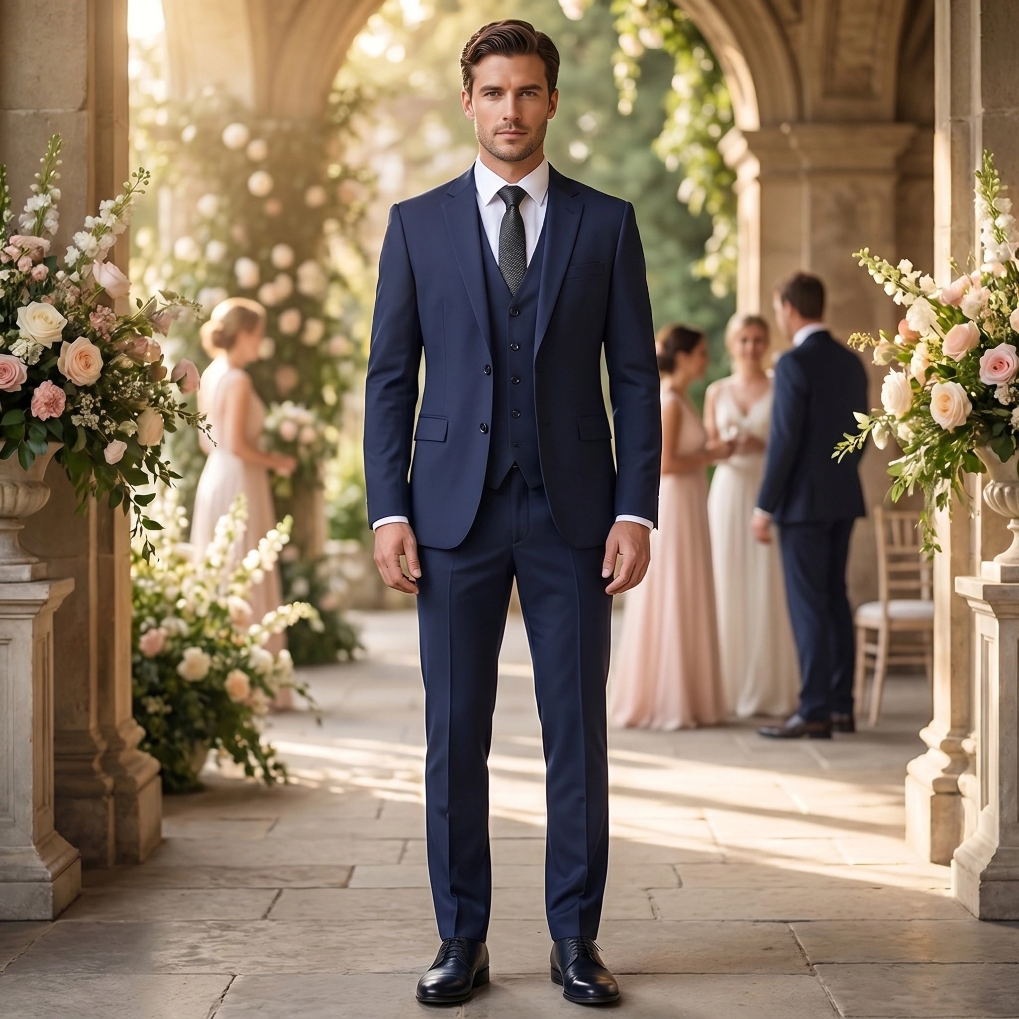 Back view of a model wearing a mens tailored wedding suit in a classic navy color, showing the precise construction details and fit against a neutral background.