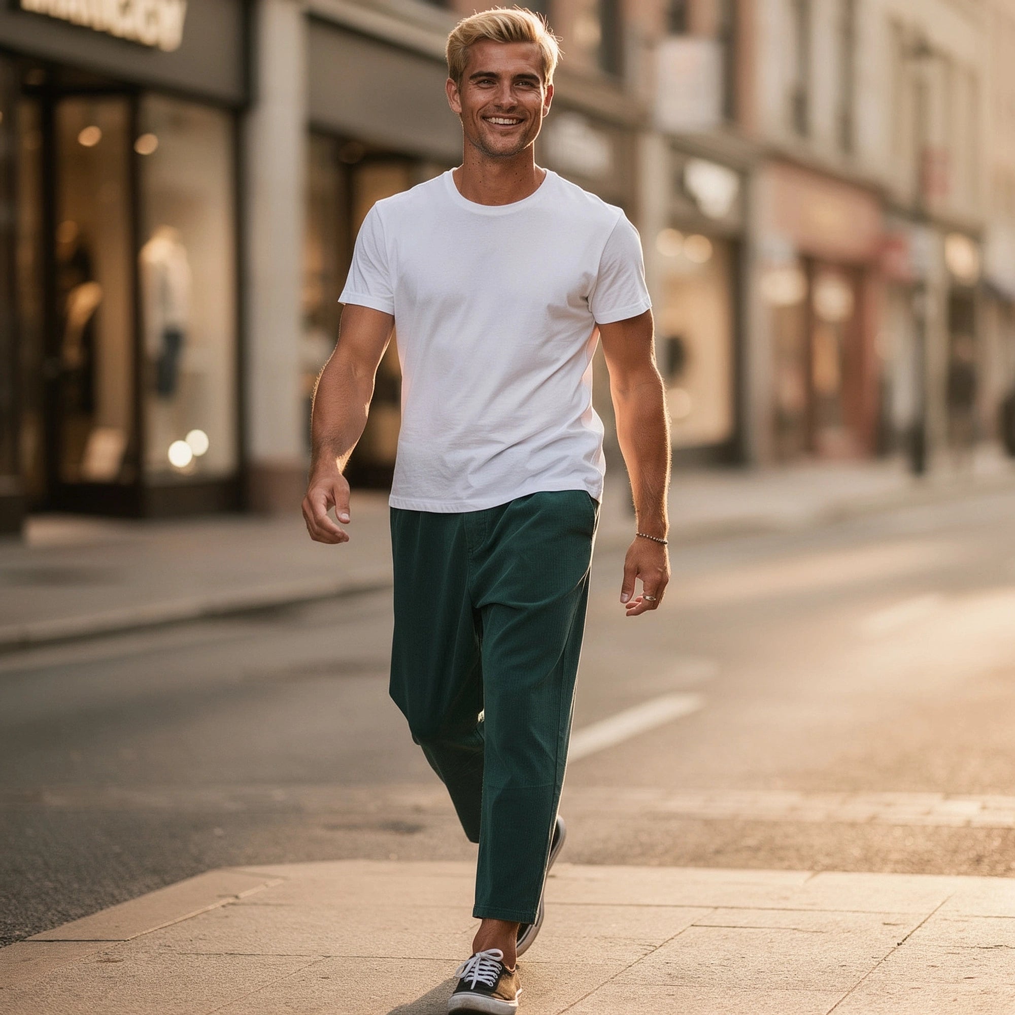 View of relaxed fit corduroy trousers in warm beige, featuring a classic waistband and subtle pocket details