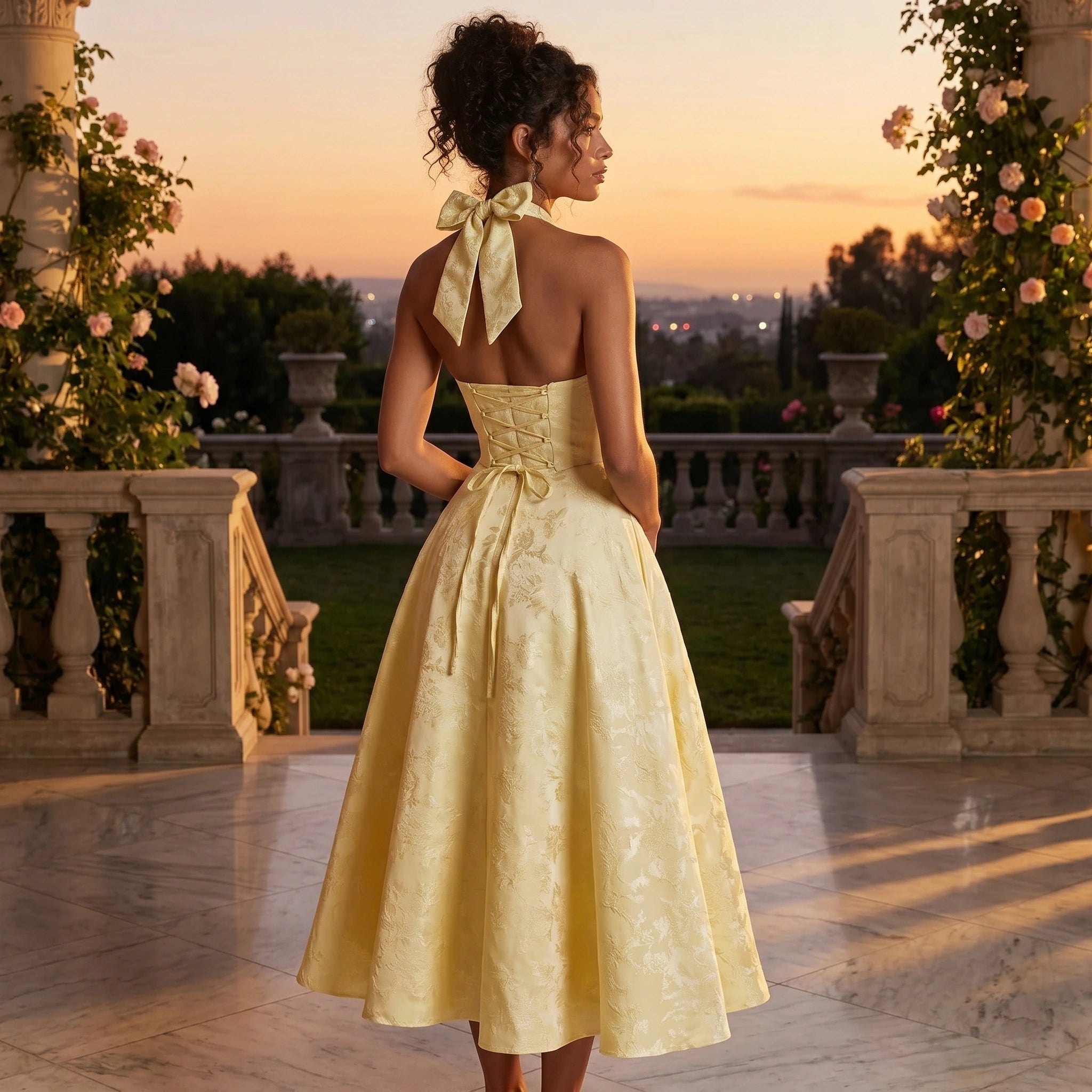 Close up view of the Womens Flare Evening Dress showing the intricate stitching and luxurious fabric, perfect for formal and party occasions.