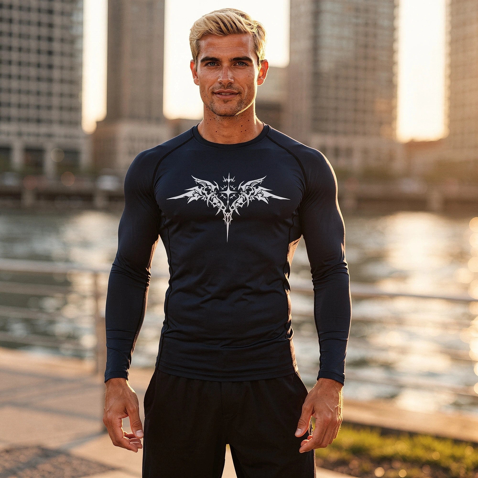 View of a black men's quick drying compression tee featuring short sleeves and a fitted design