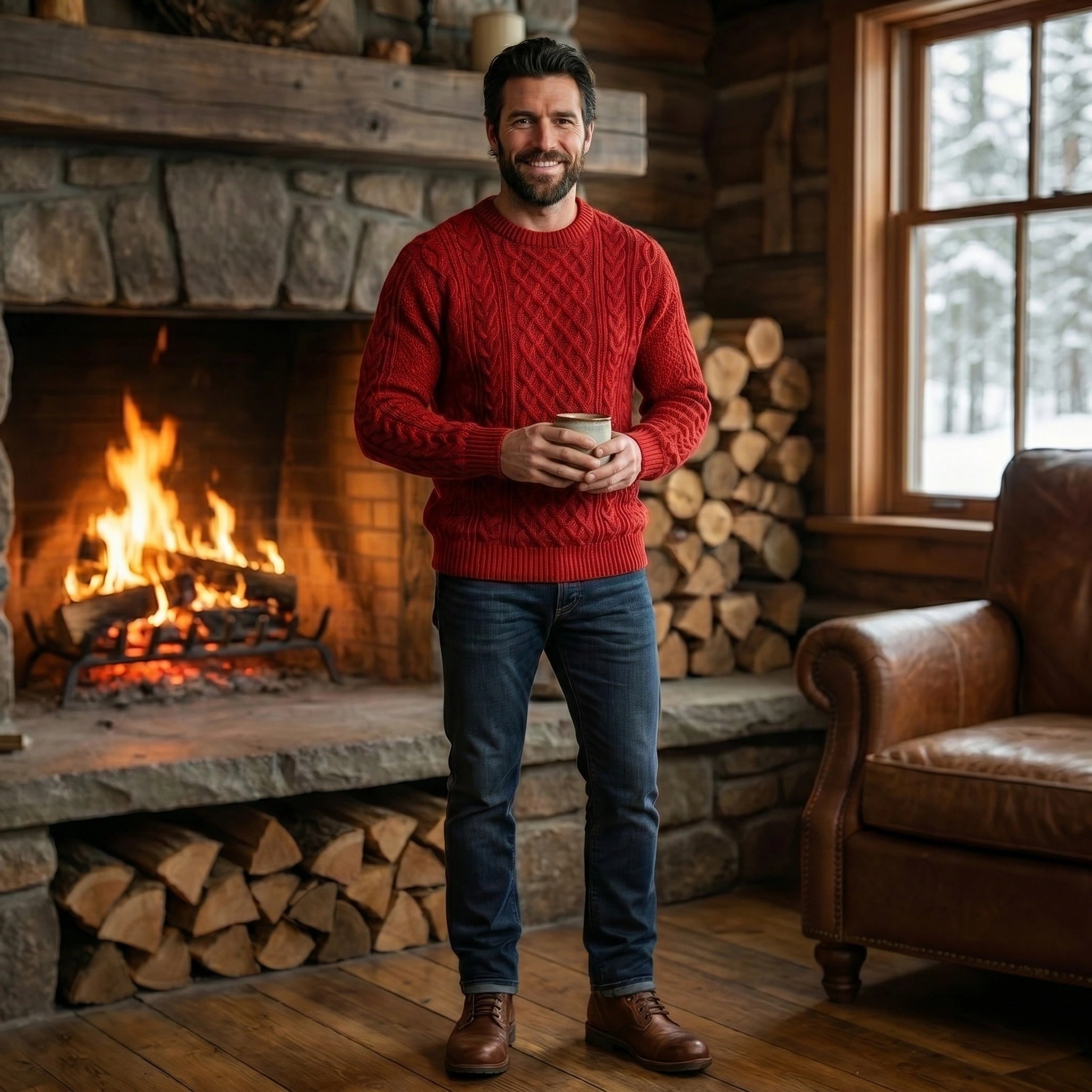 Close up of the Mens Cozy Cable Knit Sweater showing the intricate cable knit pattern and soft texture against a neutral background.