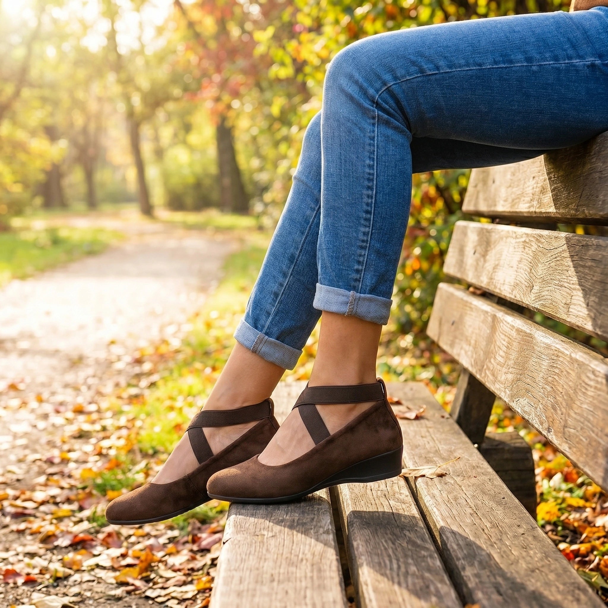 Front view of a model showing sleek casual orthopedic shoes, paired with a outfit in neutral tones against a soft, minimalist background.