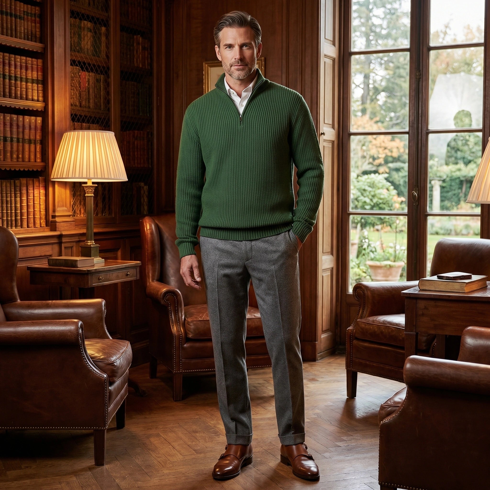 Back view of a model wearing a mens refined quarter zip sweater in a rich navy color, showing the construction details and sleek fit.