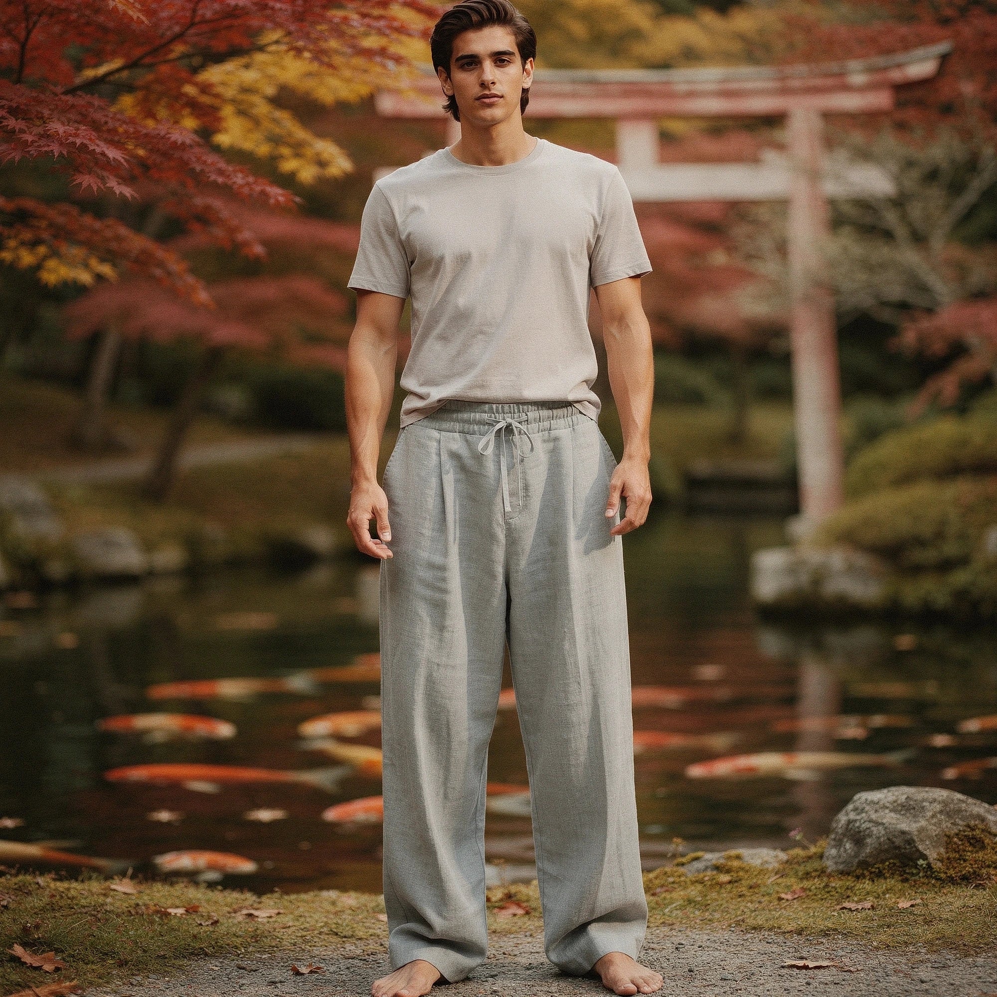 View of relaxed lightweight casual trousers in light gray, featuring a comfortable fit and subtle pocket details