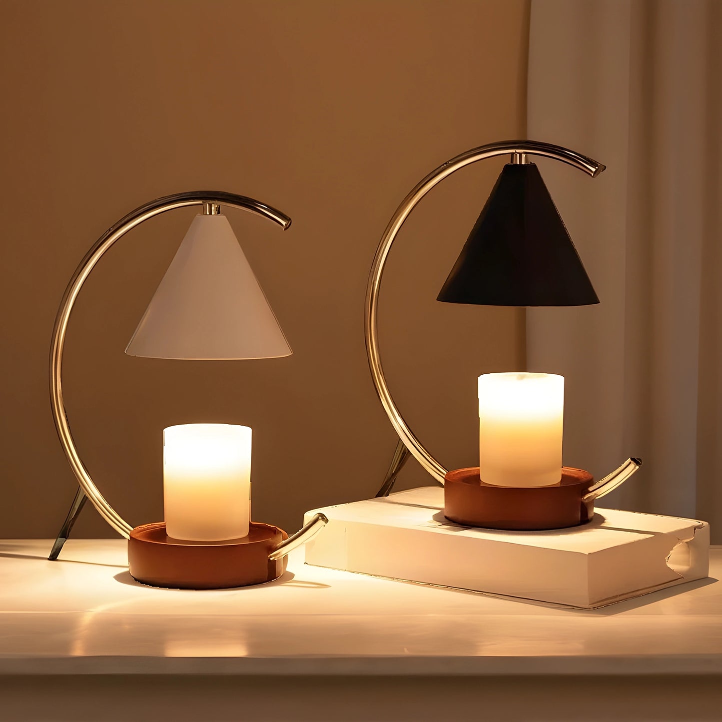 View of a sculptural dimmable candle warmer table lamp in a warm beige finish, featuring an elegant curved design and textured surface