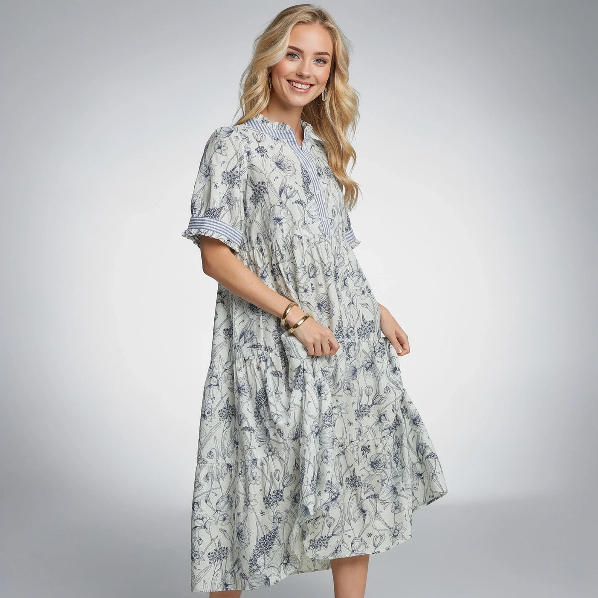 View of a romantic elegant midi dress in soft pink fabric, featuring delicate lace details and a flowing skirt