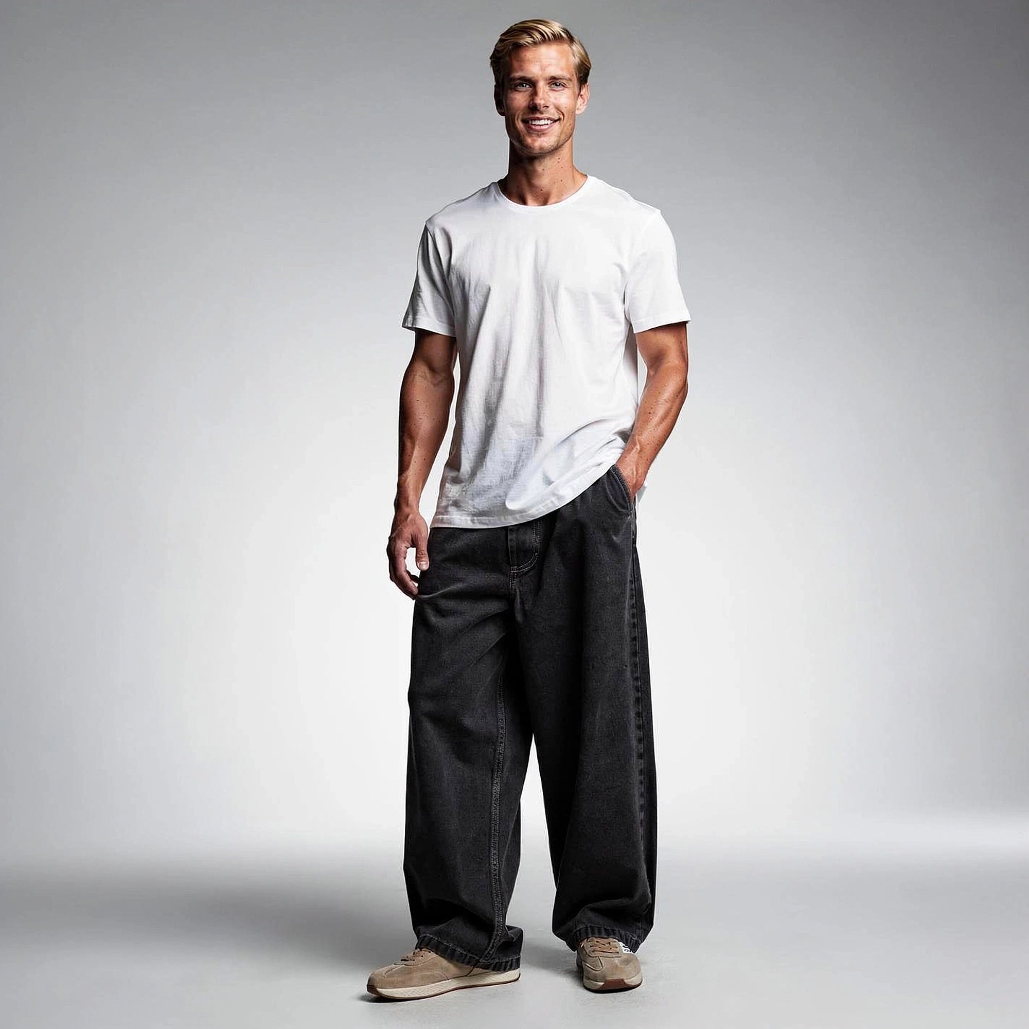 Light blue relaxed wide leg denim pants with a high waist, view showcasing the soft fabric and wide legs