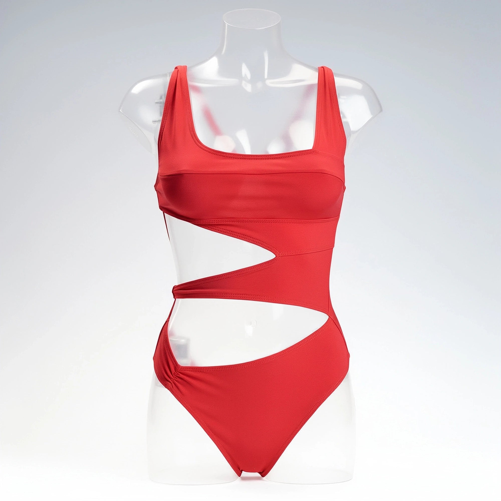View of a black one piece swimsuit featuring a plunging neckline and adjustable straps, showcasing soft, stretchy fabric