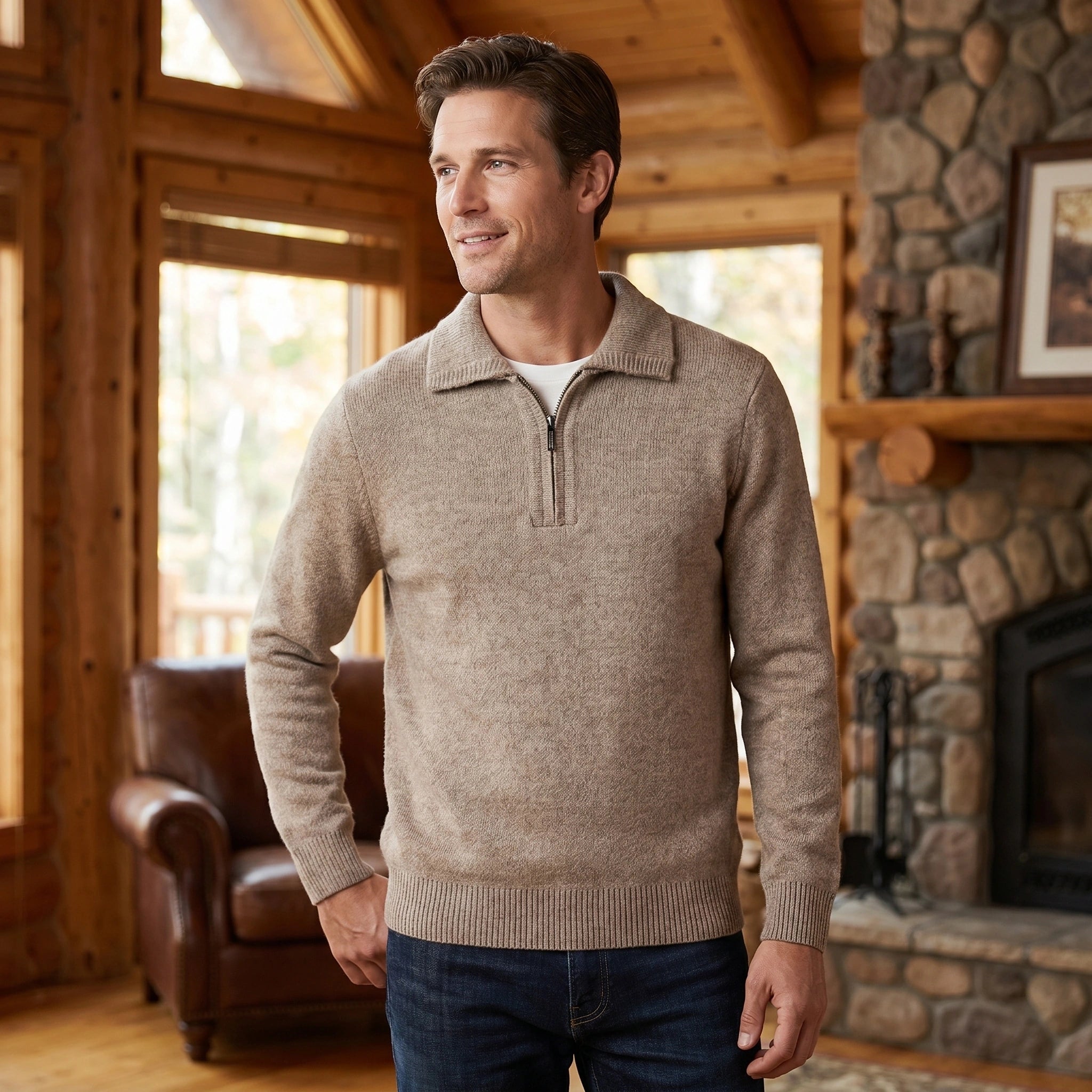 Close up view of the men's relaxed quarter zip sweater showing its soft fabric texture and intricate stitching details, ideal for everyday elegance.
