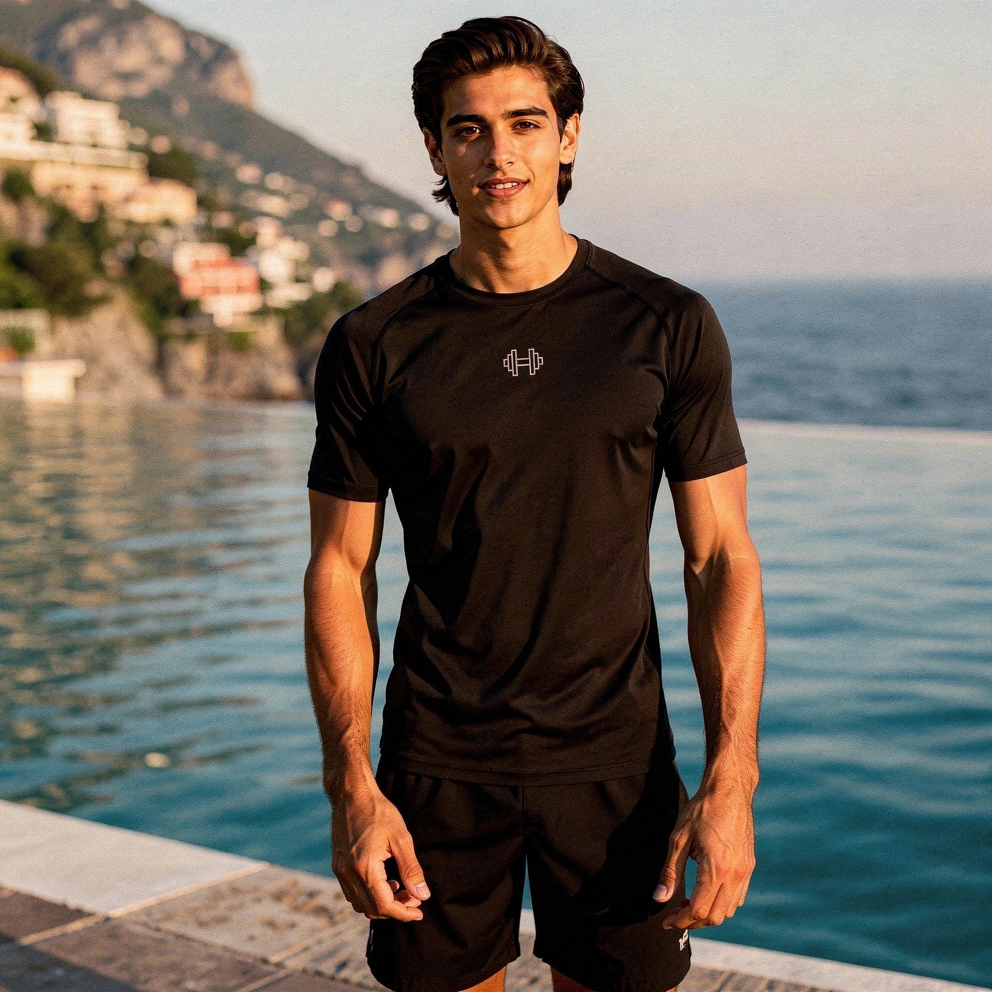 View of a reflective elastic athletic gym tee in gray, featuring short sleeves and moisture wicking fabric