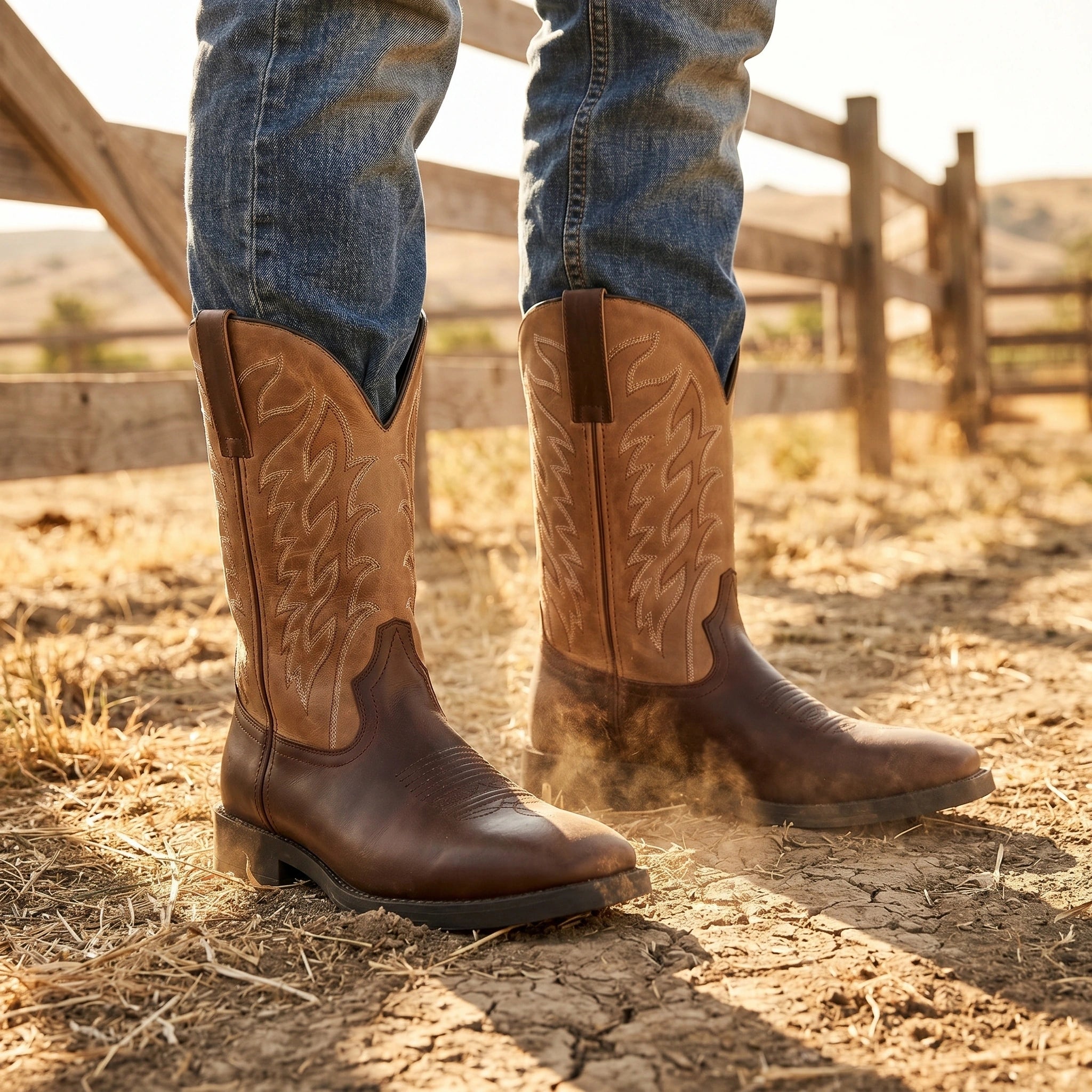 Model showing rugged mid calf Western cowboy boots in brown, paired with a casual outfit against a neutral background, showing versatile styling for various occasions.