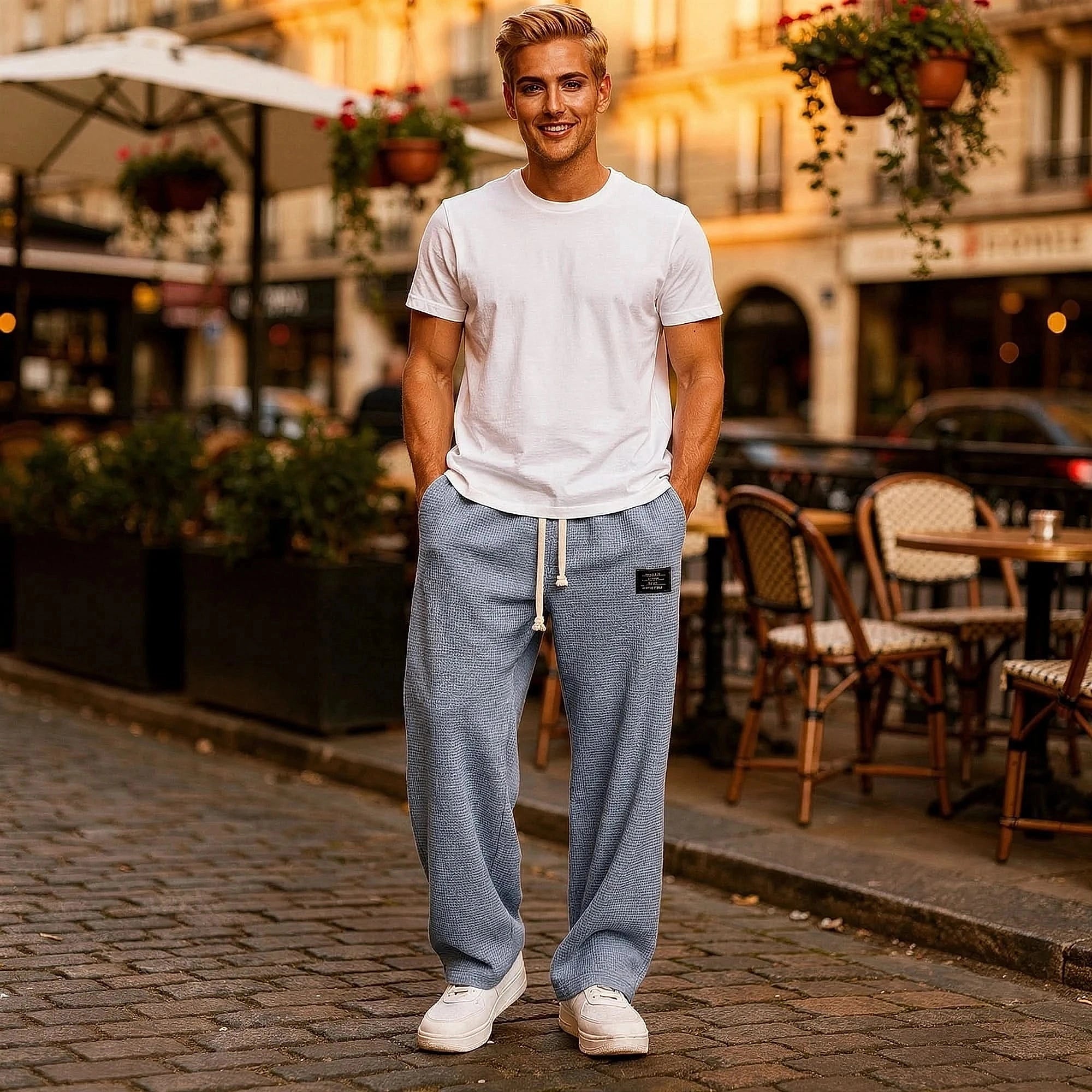 View of relaxed fit pants in soft beige fabric, featuring an elastic waistband and pockets