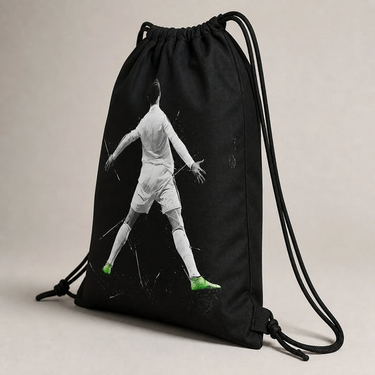 Black Soccer No. 7 Graphic Drawstring Backpack Side Construction View — view 2