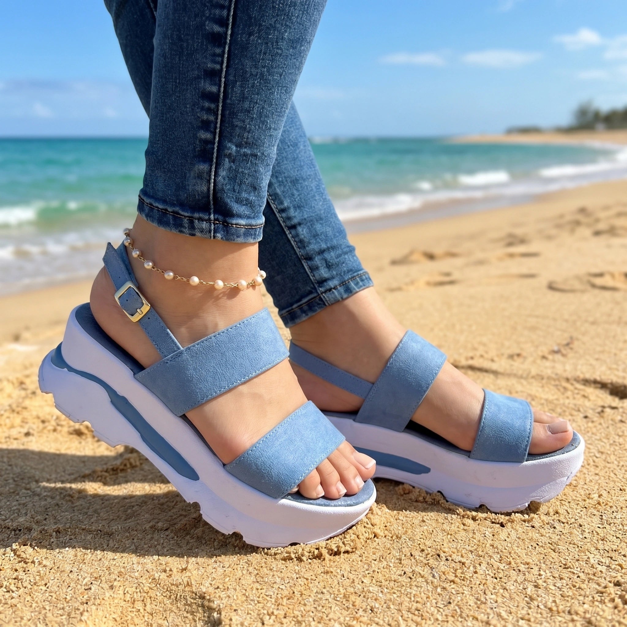 Close up of the Womens Low Platform Summer Sandals showing the soft fabric, intricate stitching, and design perfect for summer outings.