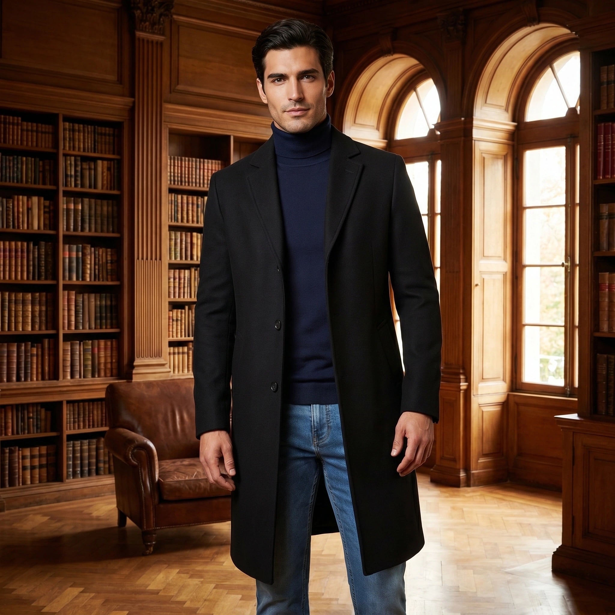 Close up view of the men's sophisticated classic winter overcoat showing rich fabric texture, precise stitching, and detailing against a neutral background.