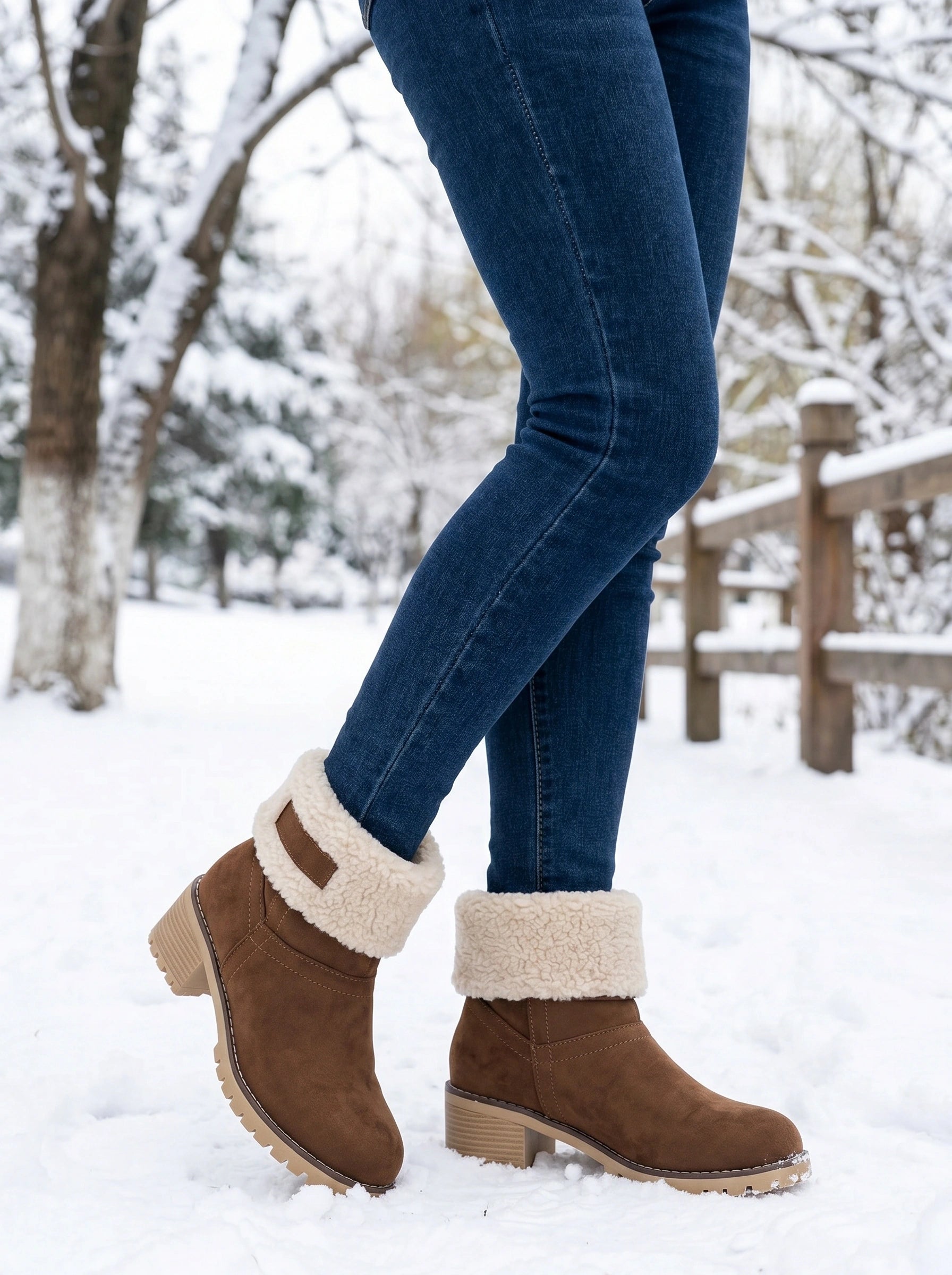 Close up view of women's cuffed ankle boots showing soft sherpa accents, showing detailed stitching and luxurious fabric in a , neutral color.