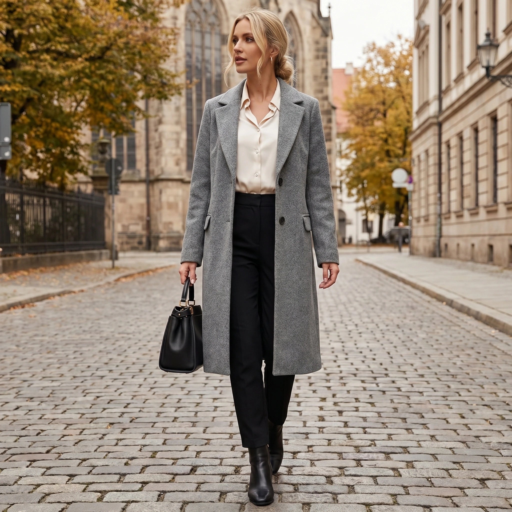 Close up view of the Womens Structured Coat showing the high quality fabric and precise stitching, showing its sophisticated design and winter ready appeal.