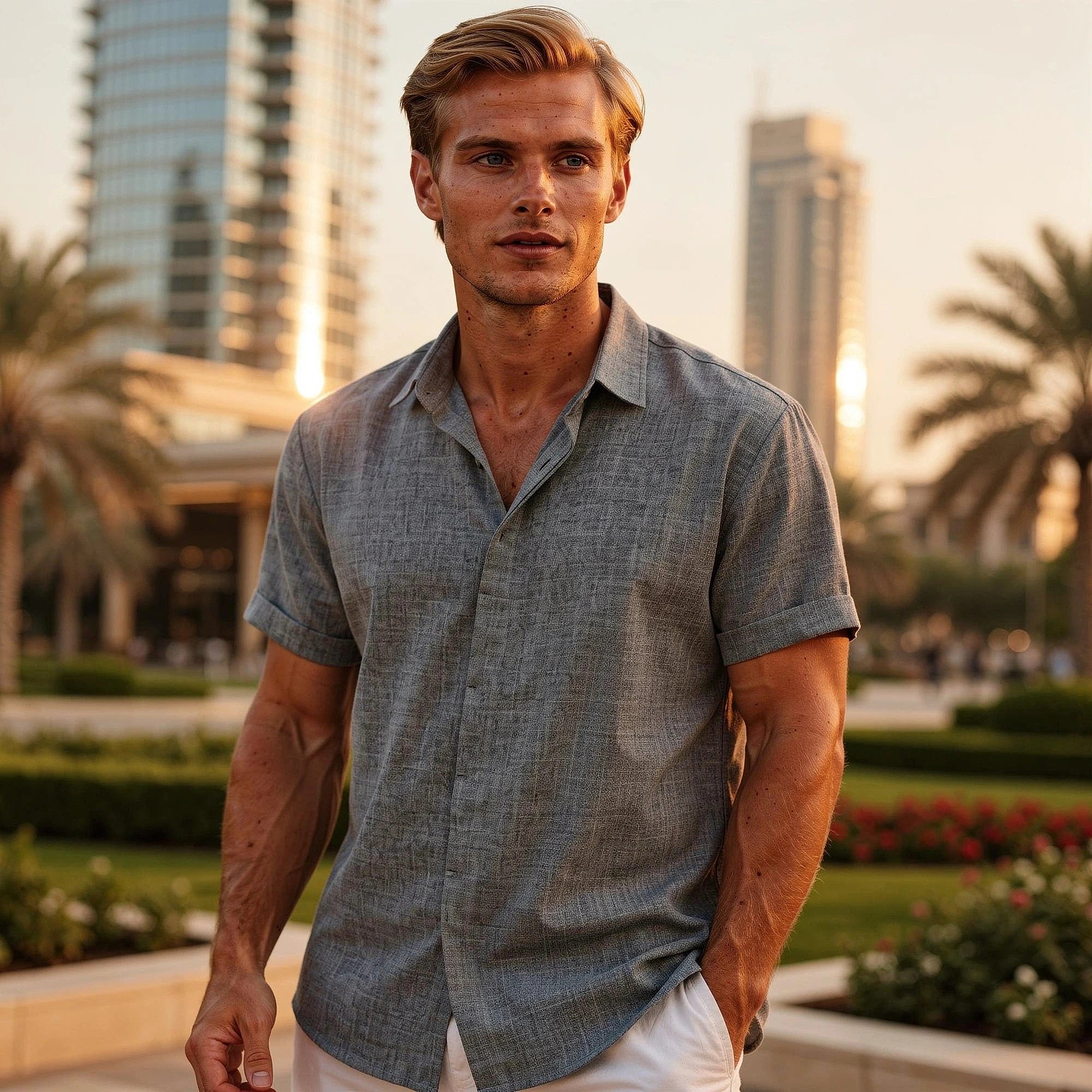 View of a relaxed fit long sleeve crew neck casual shirt in light gray, made of soft cotton fabric
