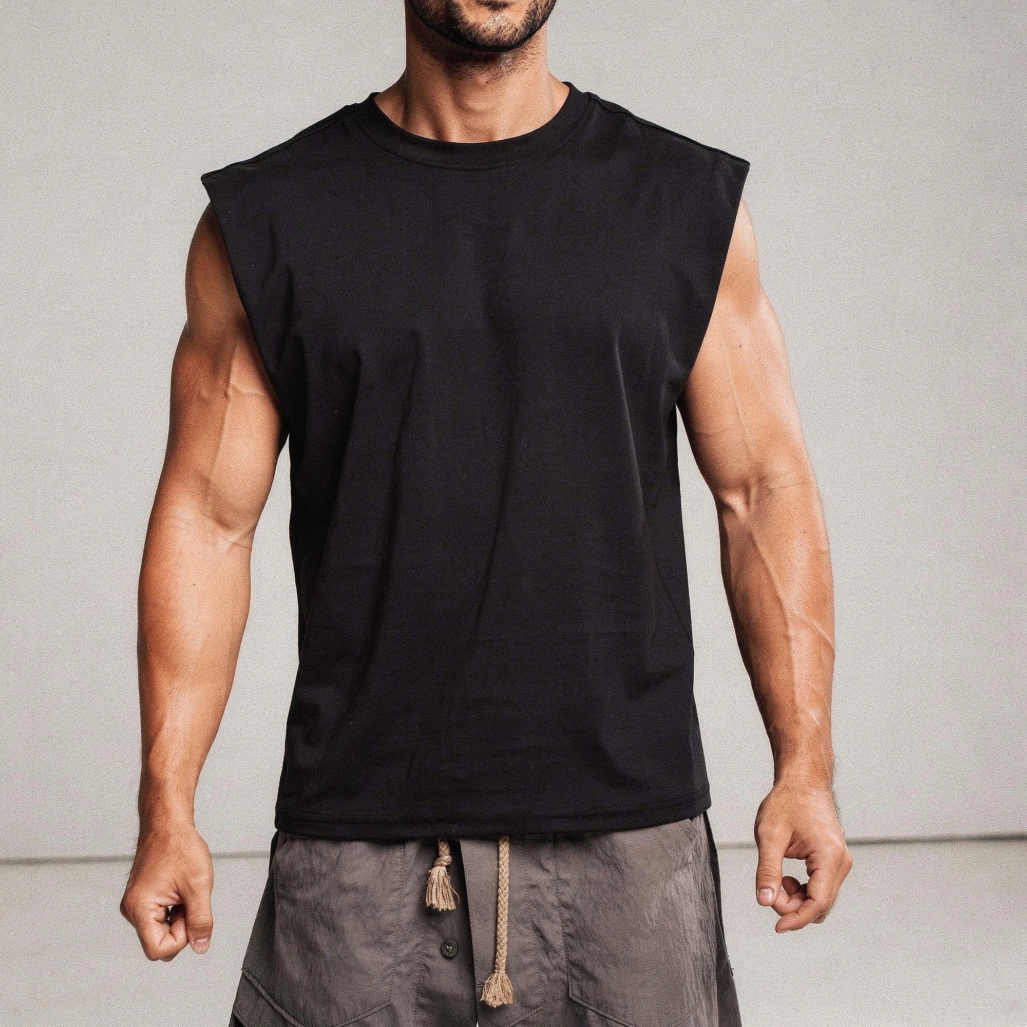 View of a sleek, comfortable men's summer tank top in light gray, made