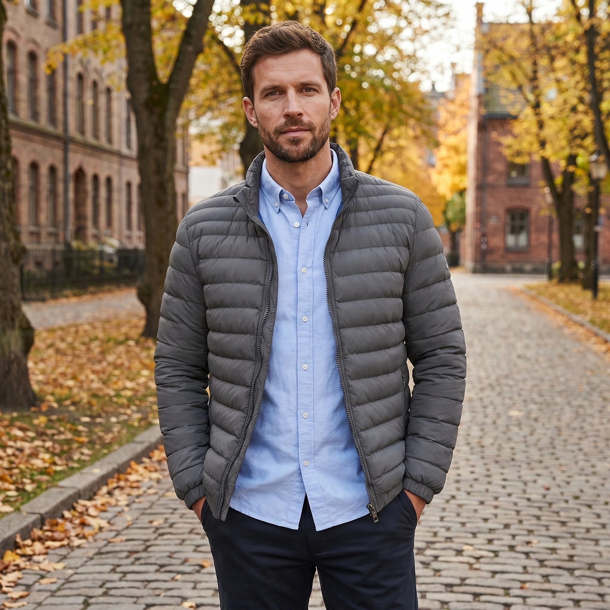 Close up view of the Mens Lightweight Slim Transitional Puffer Jacket showing the sleek fabric texture, precise stitching details, and modern design elements.