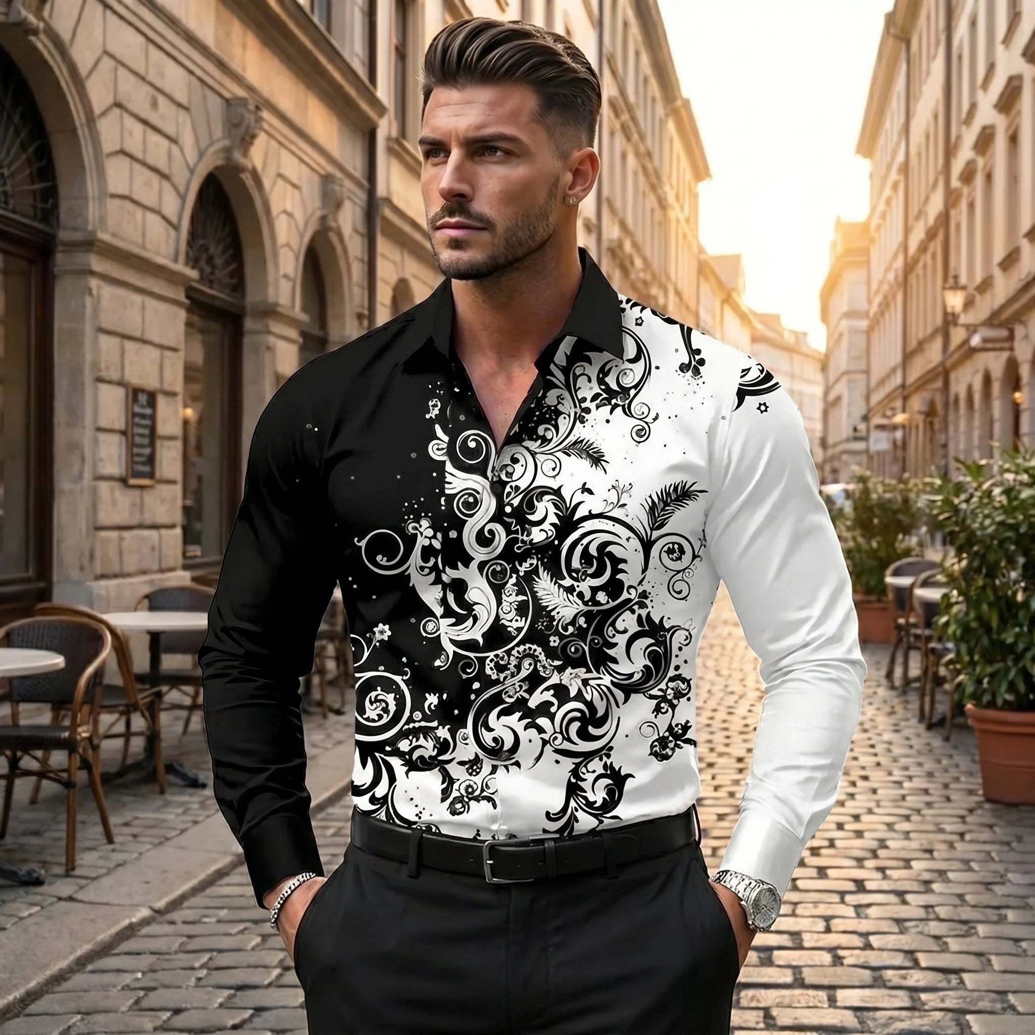 Close up view of the vibrant fabric and precise stitching of the men's casual spring shirt, showing its quality and design against a neutral background.