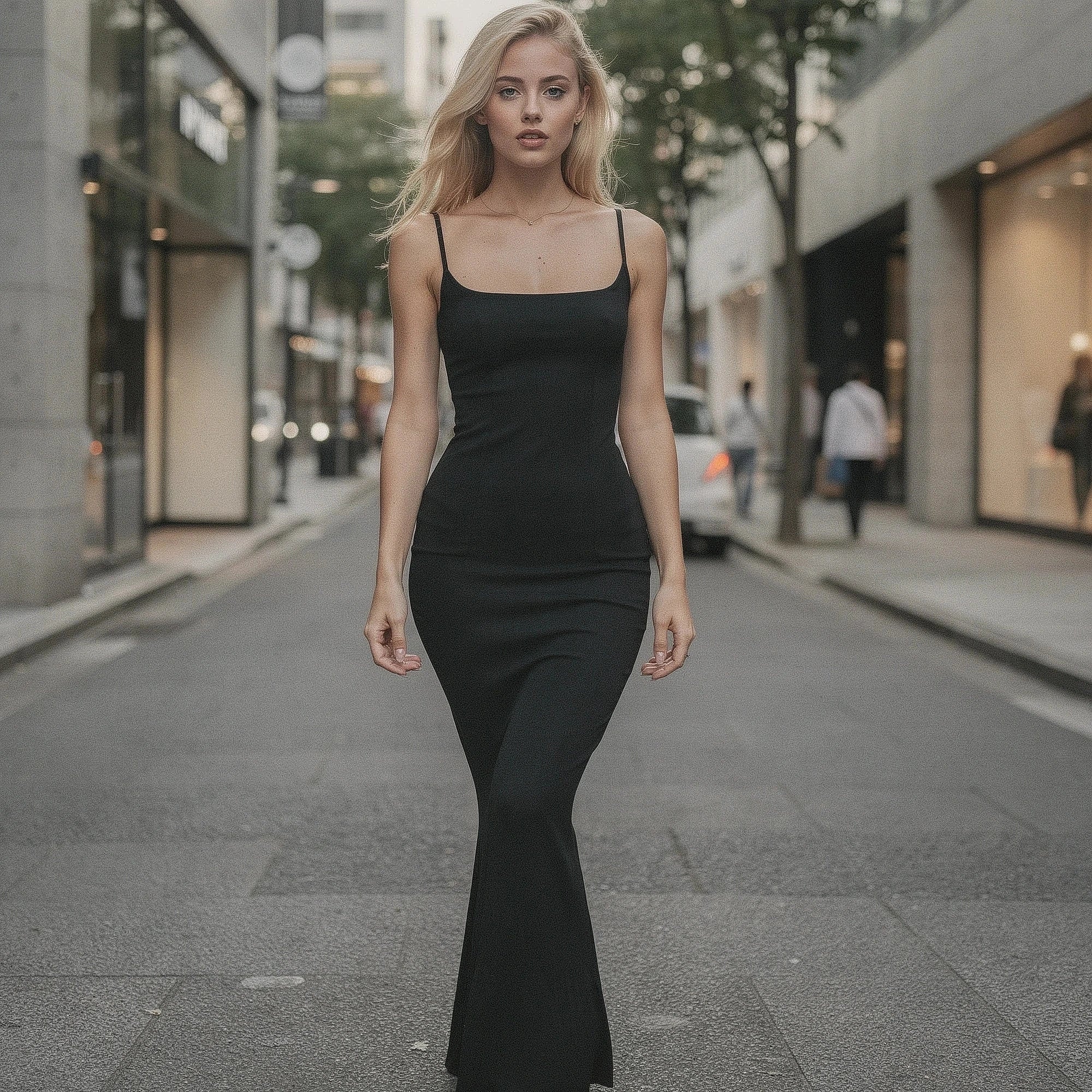 Elegant slim maxi dress in soft fabric, featuring a deep V neckline and flowing skirt, view showcasing intricate stitching
