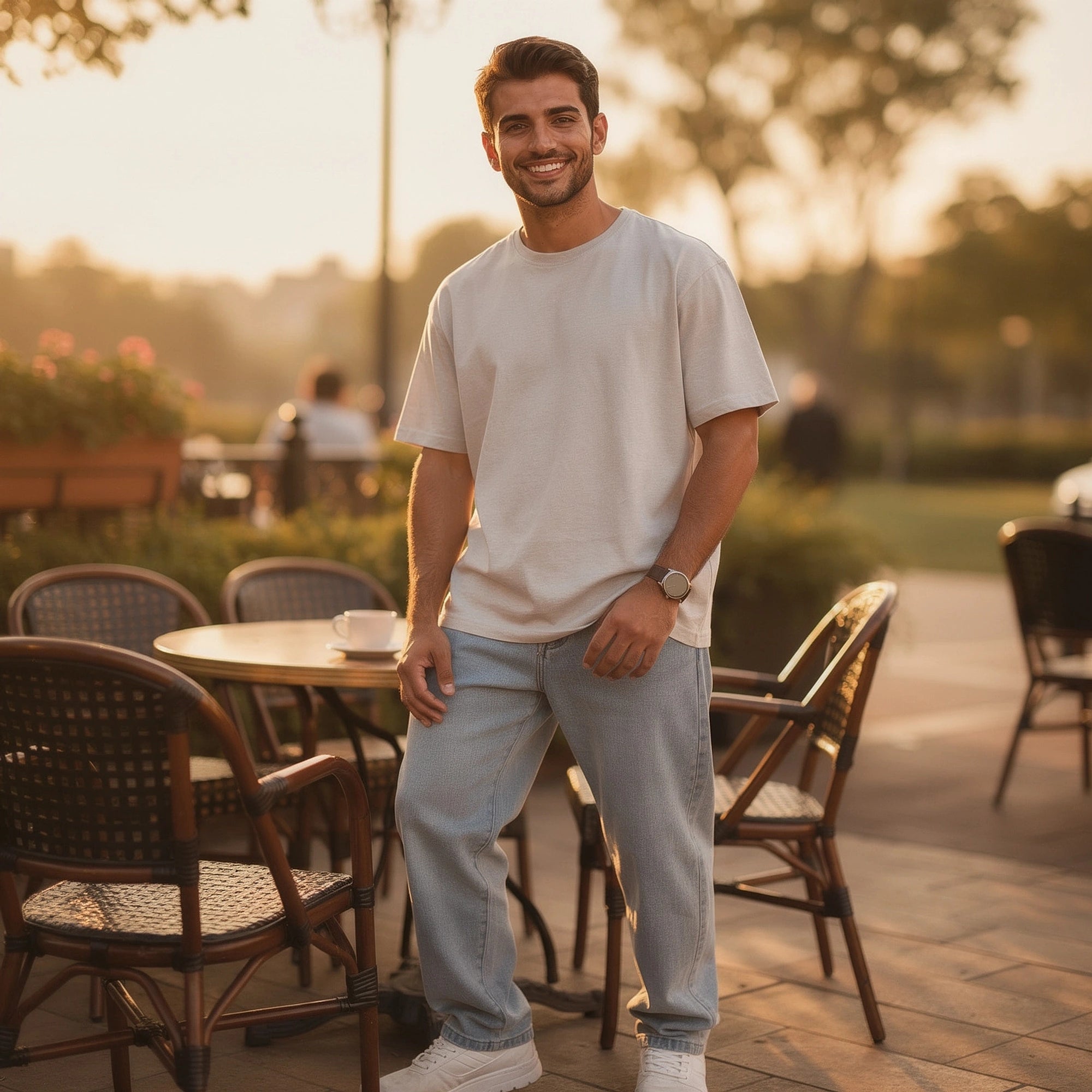View of loose fit straight leg casual jeans in medium blue denim, featuring a classic five pocket design
