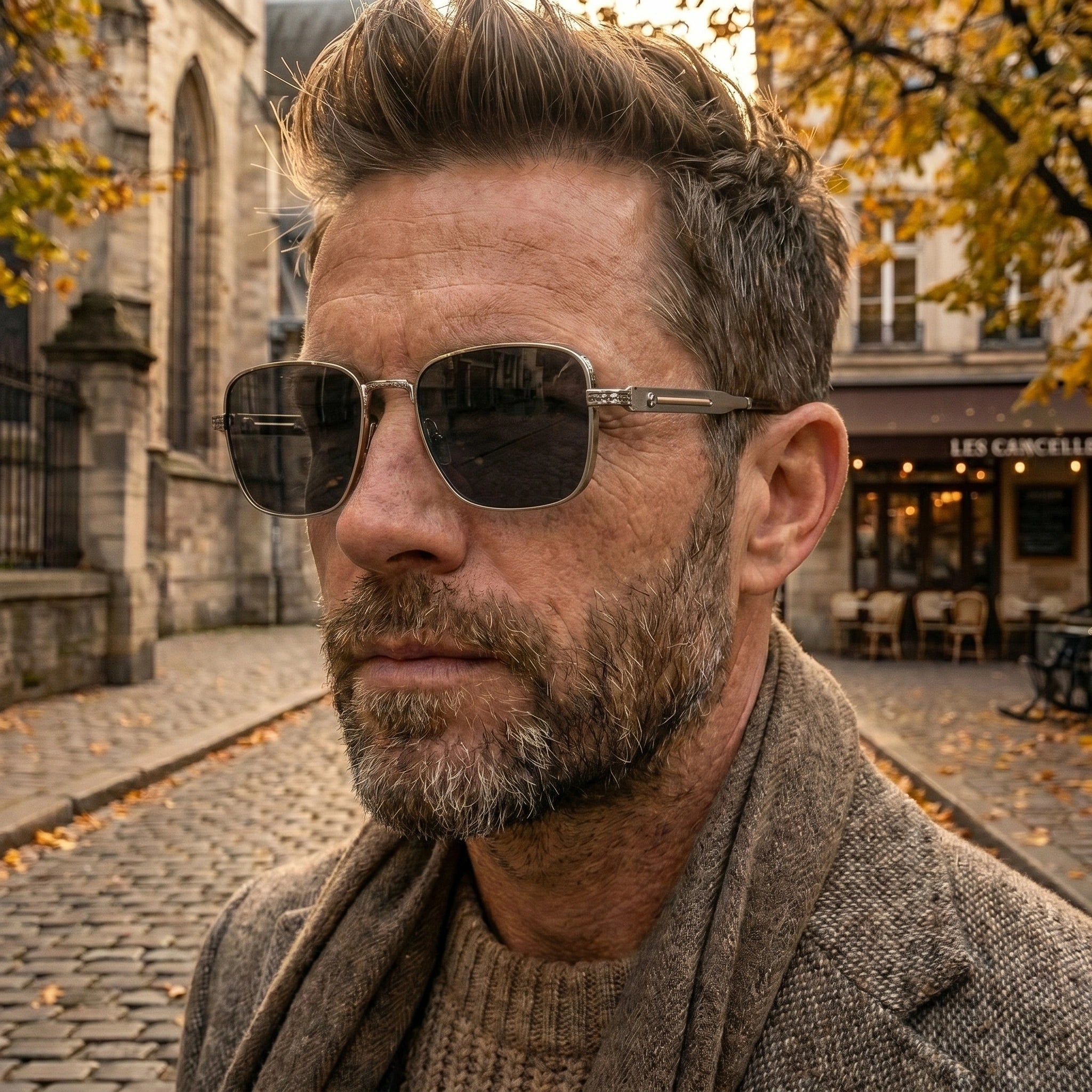 Close up view of the sleek summer sunglasses showing polished frames, intricate stitching, and a design, perfect for elevating men's summer fashion.