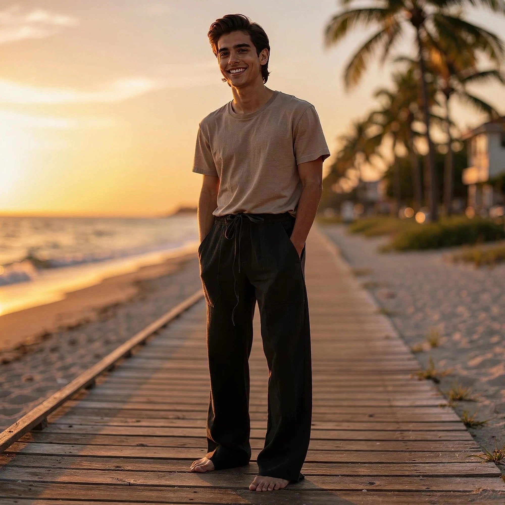 View of relaxed wide leg trousers in soft beige fabric, featuring a comfortable waistband and subtle pleats