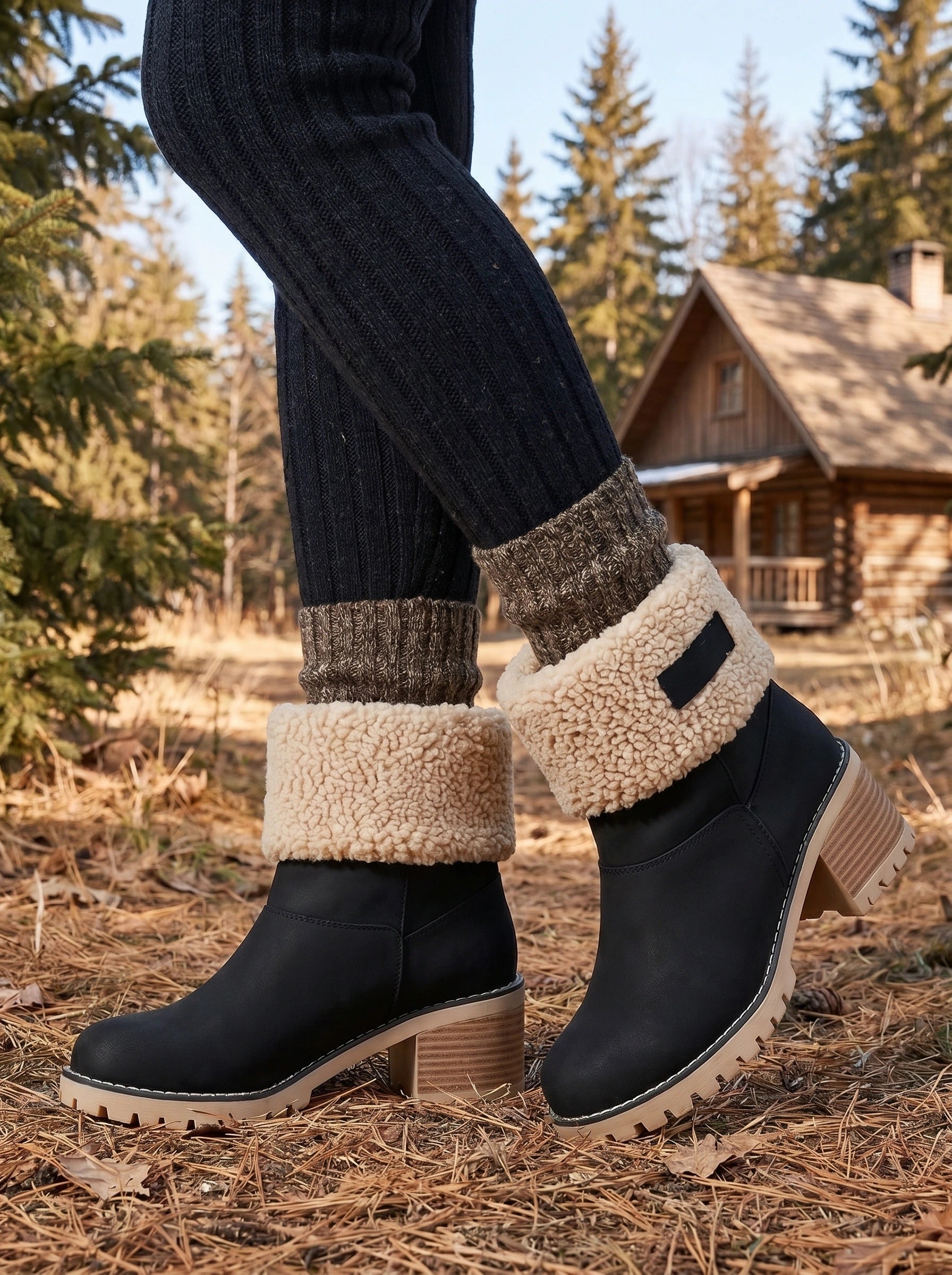 Close up of the women's cuffed ankle boots showing the soft sherpa accents and detailed stitching against a neutral background.